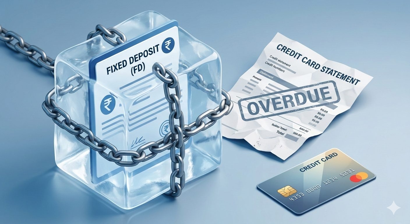 An isometric 3D render of a digital Fixed Deposit certificate trapped in ice or surrounded by heavy chains, next to an overdue credit card statement.