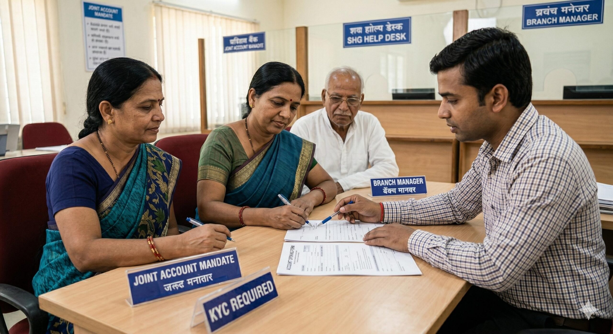 Bachat Gat leaders signing joint account opening forms at an Indian bank.