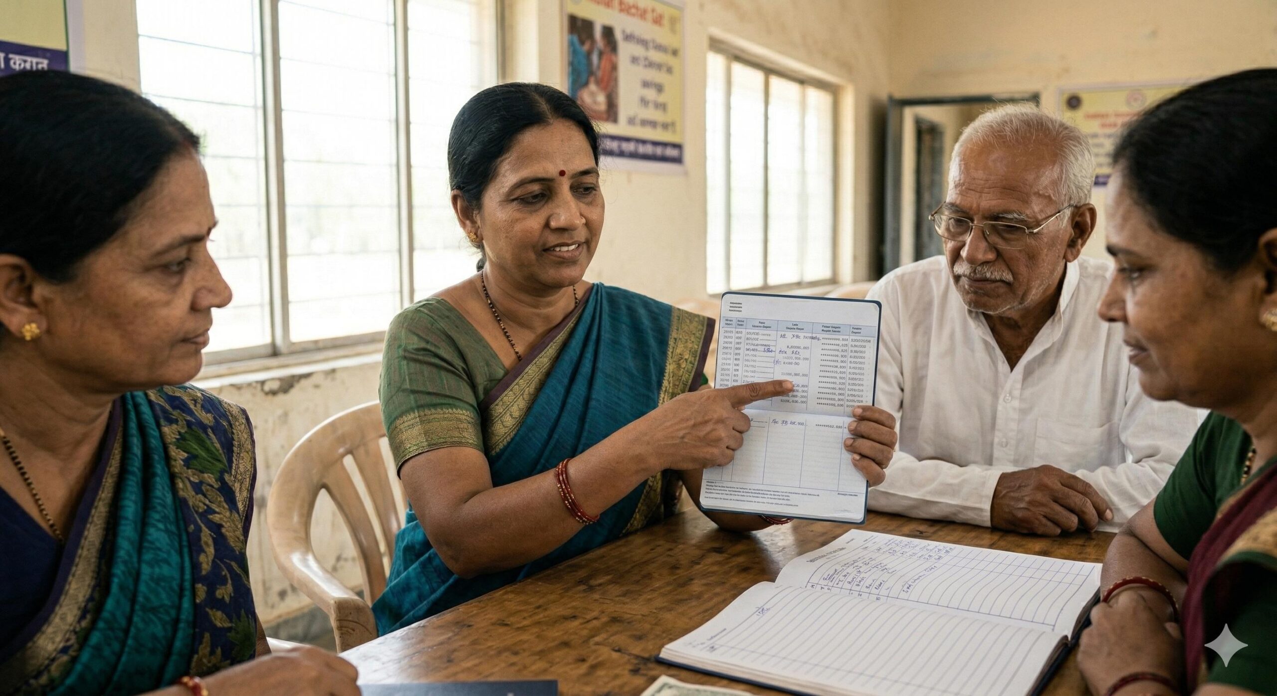 Bachat Gat members verifying deposits in their updated bank passbook during a meeting.