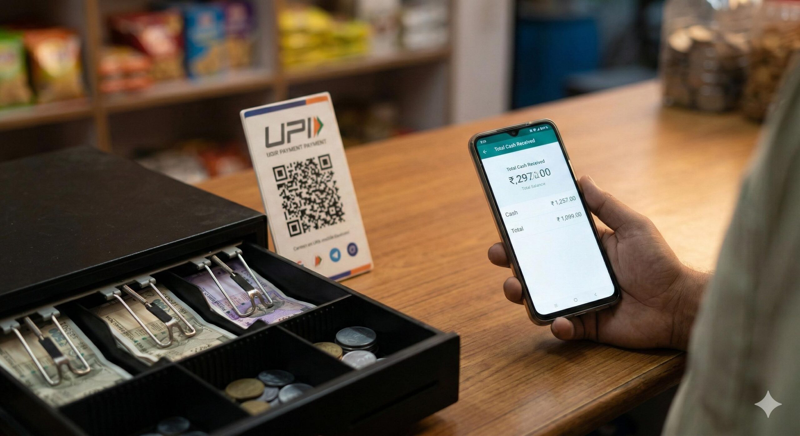 Close-up of a shopkeeper counter with a hand matching cash from a drawer to the digital balance on a phone.