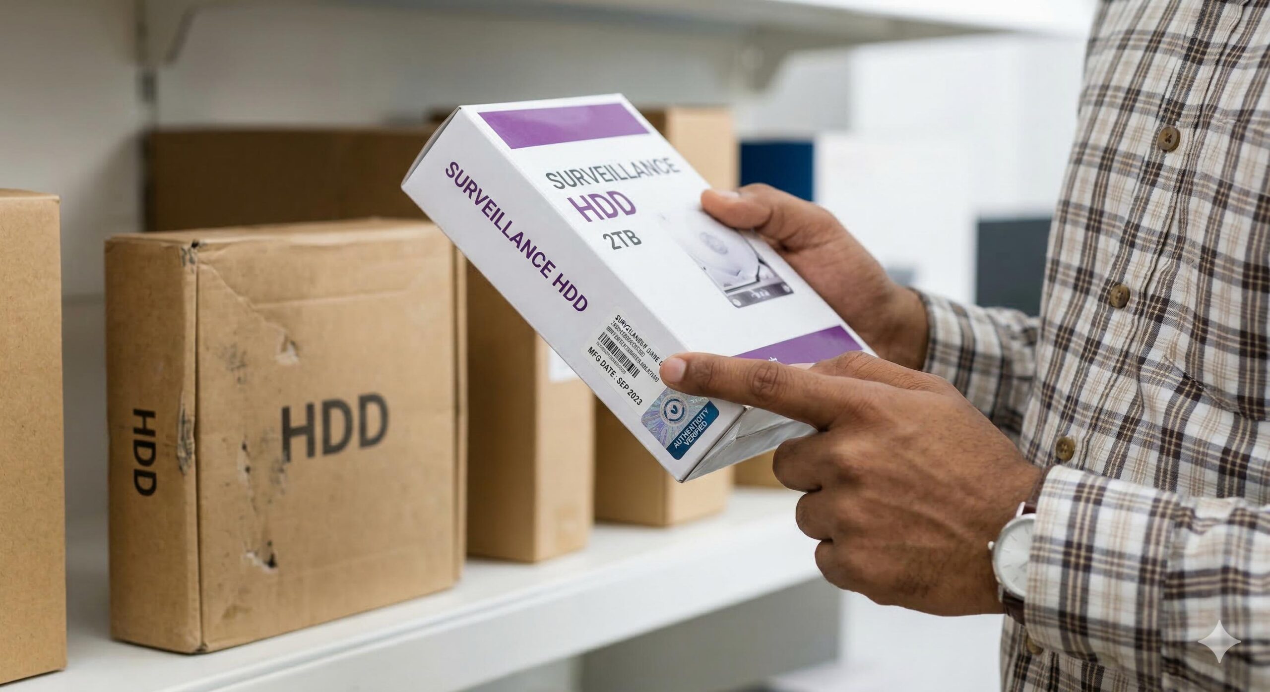Close-up of hands verifying the label on a genuine surveillance hard drive.