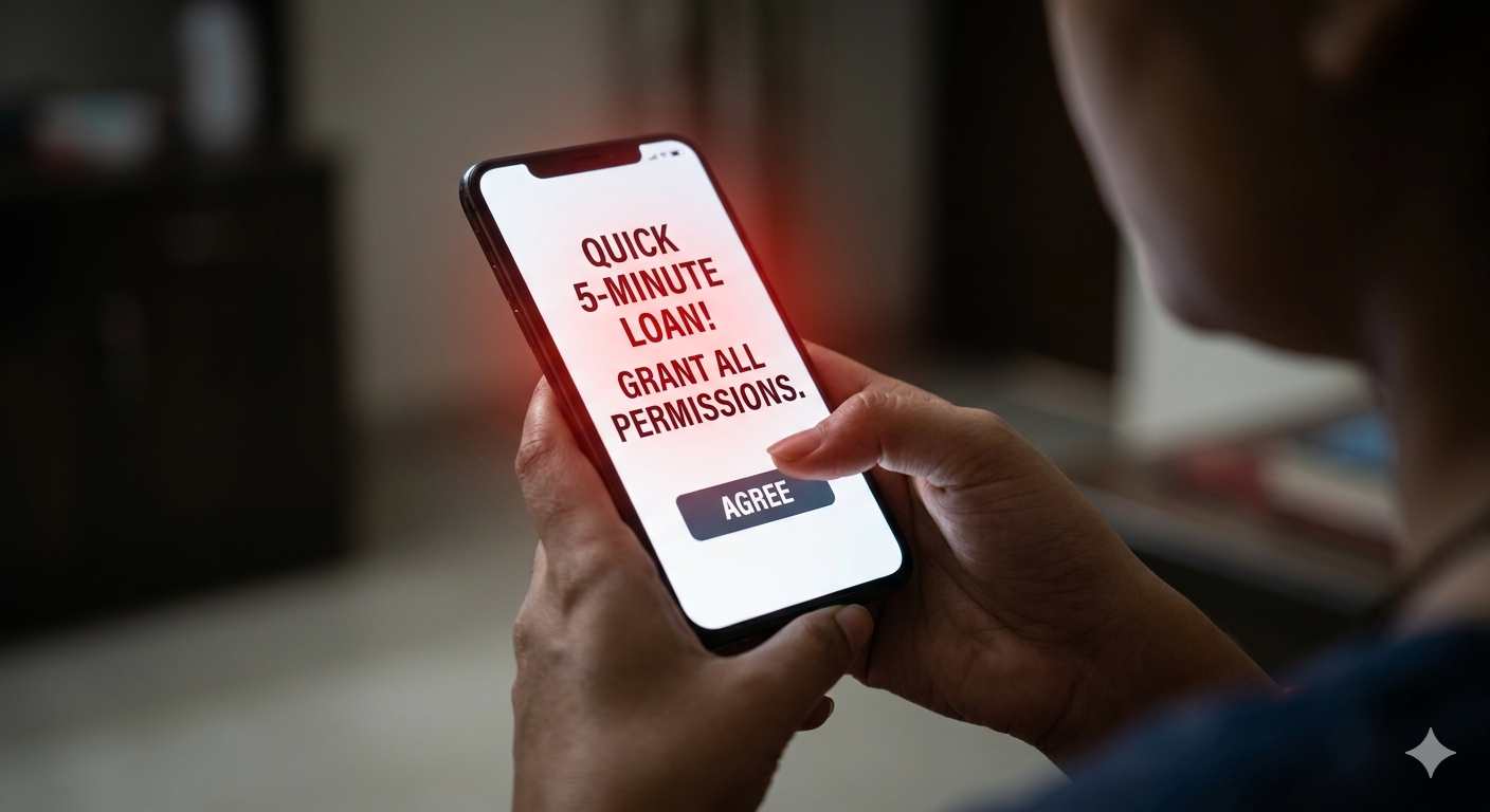Close-up of smartphone displaying a fake loan app asking for risky permissions.