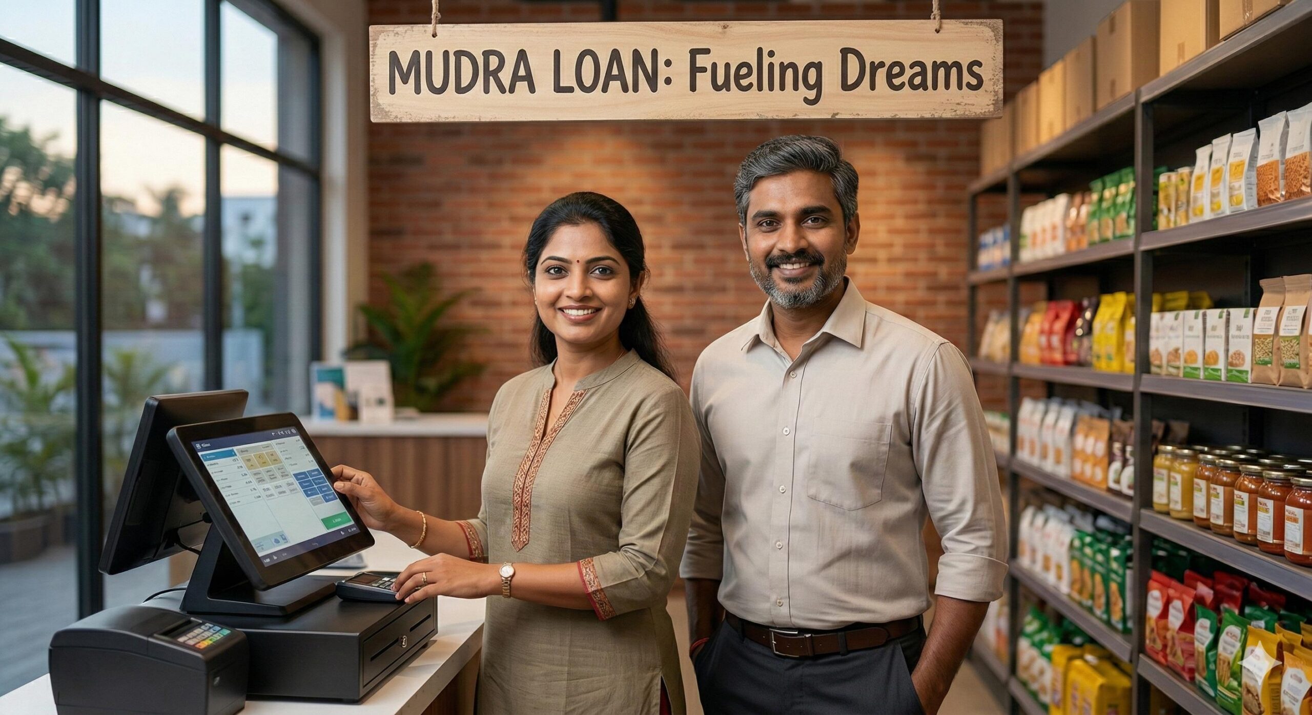 Confident Indian couple smiling while running a clean mobile repair and catering micro-business.