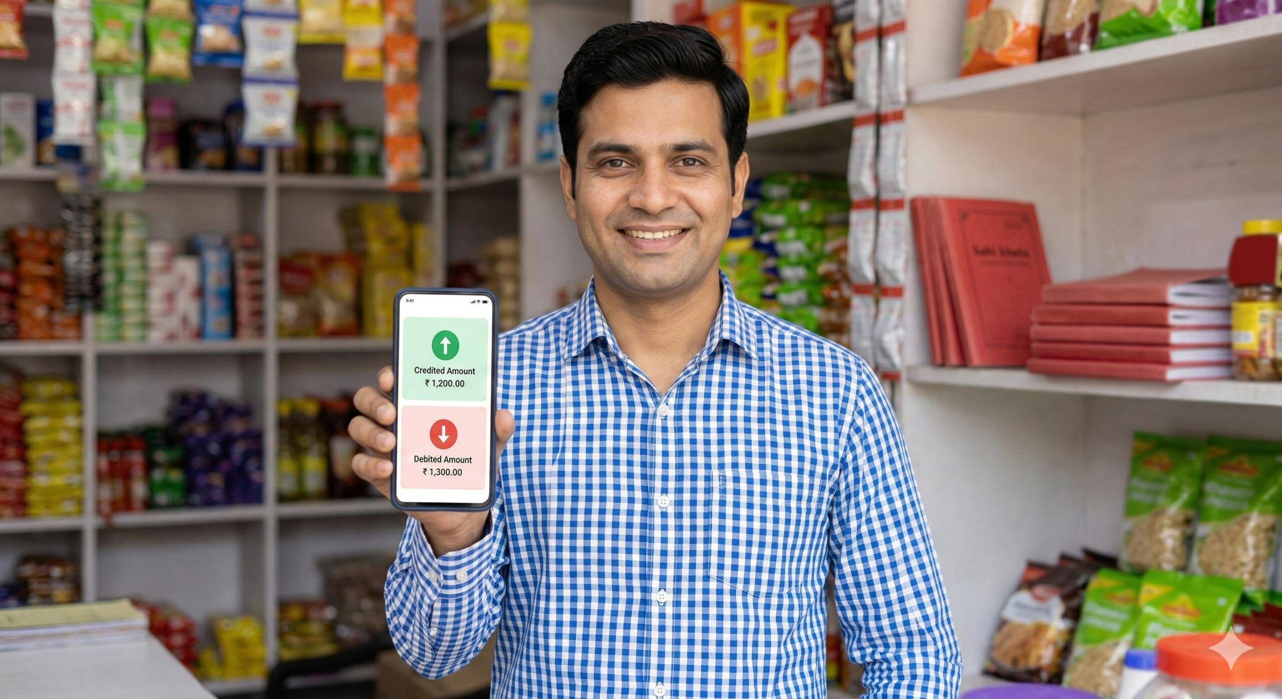 Confident Indian kirana shopkeeper using a digital khata app on a smartphone inside a neat shop.