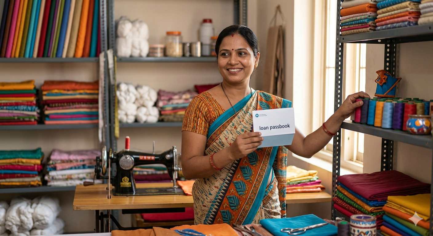 Confident Indian woman tailor holding a microfinance passbook in her home shop.