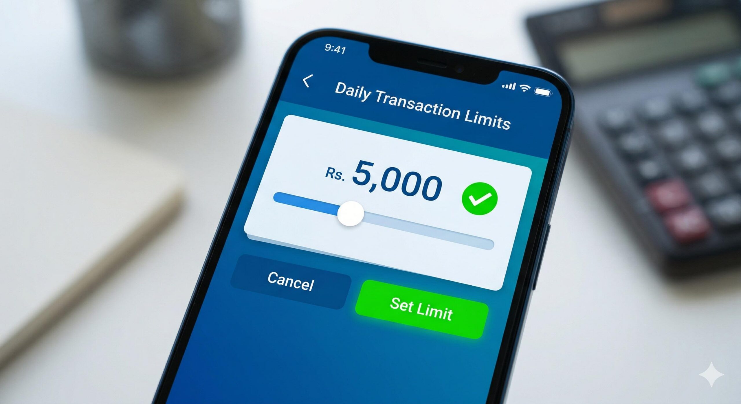 Digital UI of a banking app showing the user setting a strict daily transaction limit of ₹5,000.