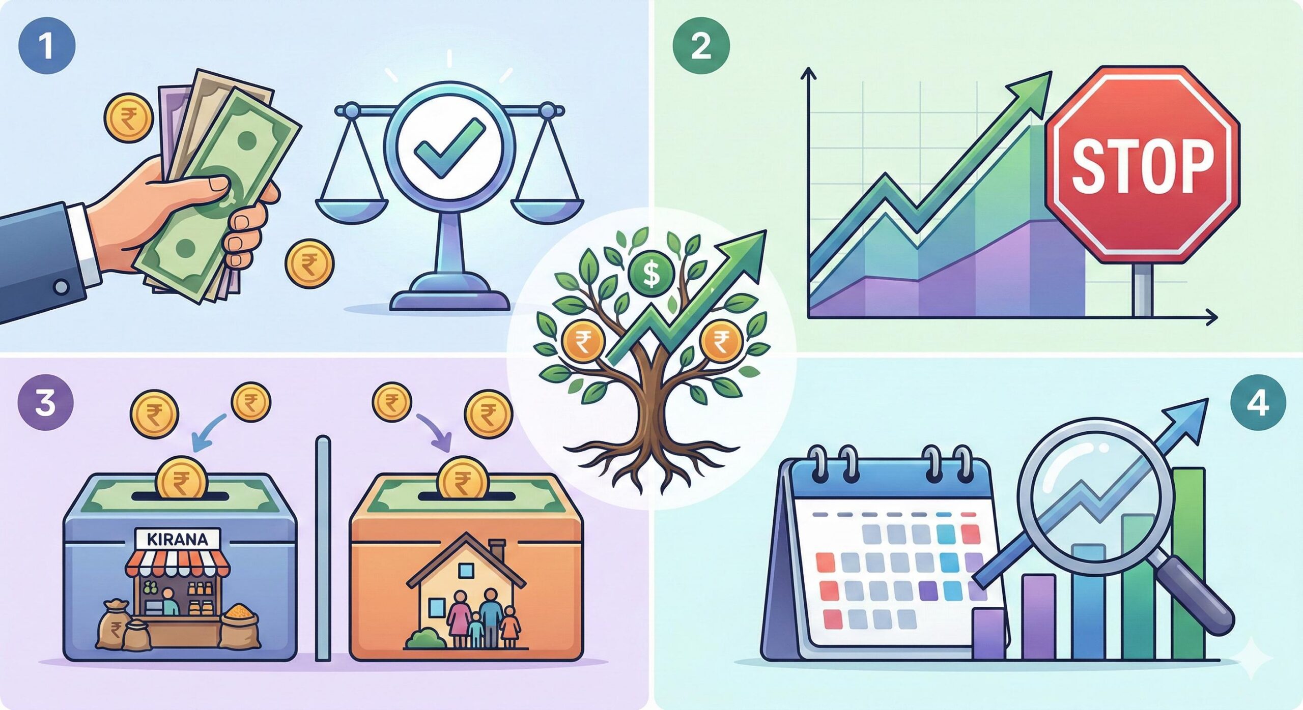 Four-quadrant infographic illustrating smart money habits_ daily matching, credit limits, separate accounts, and strategic reports.
