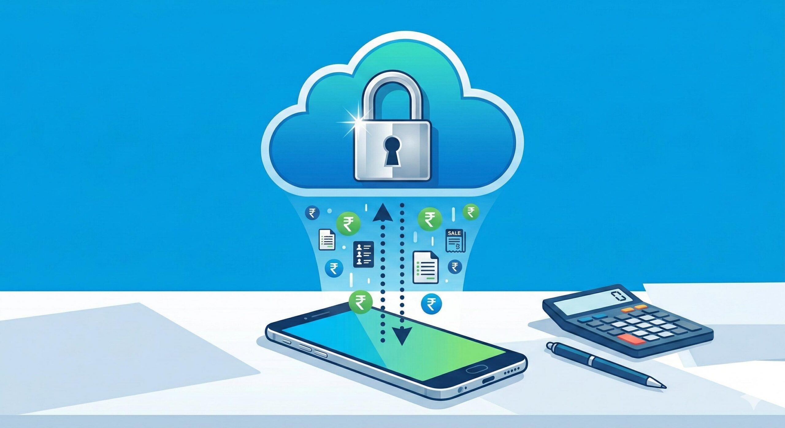 Illustrated diagram showing data synchronization from a smartphone to a secure cloud server with a padlock.