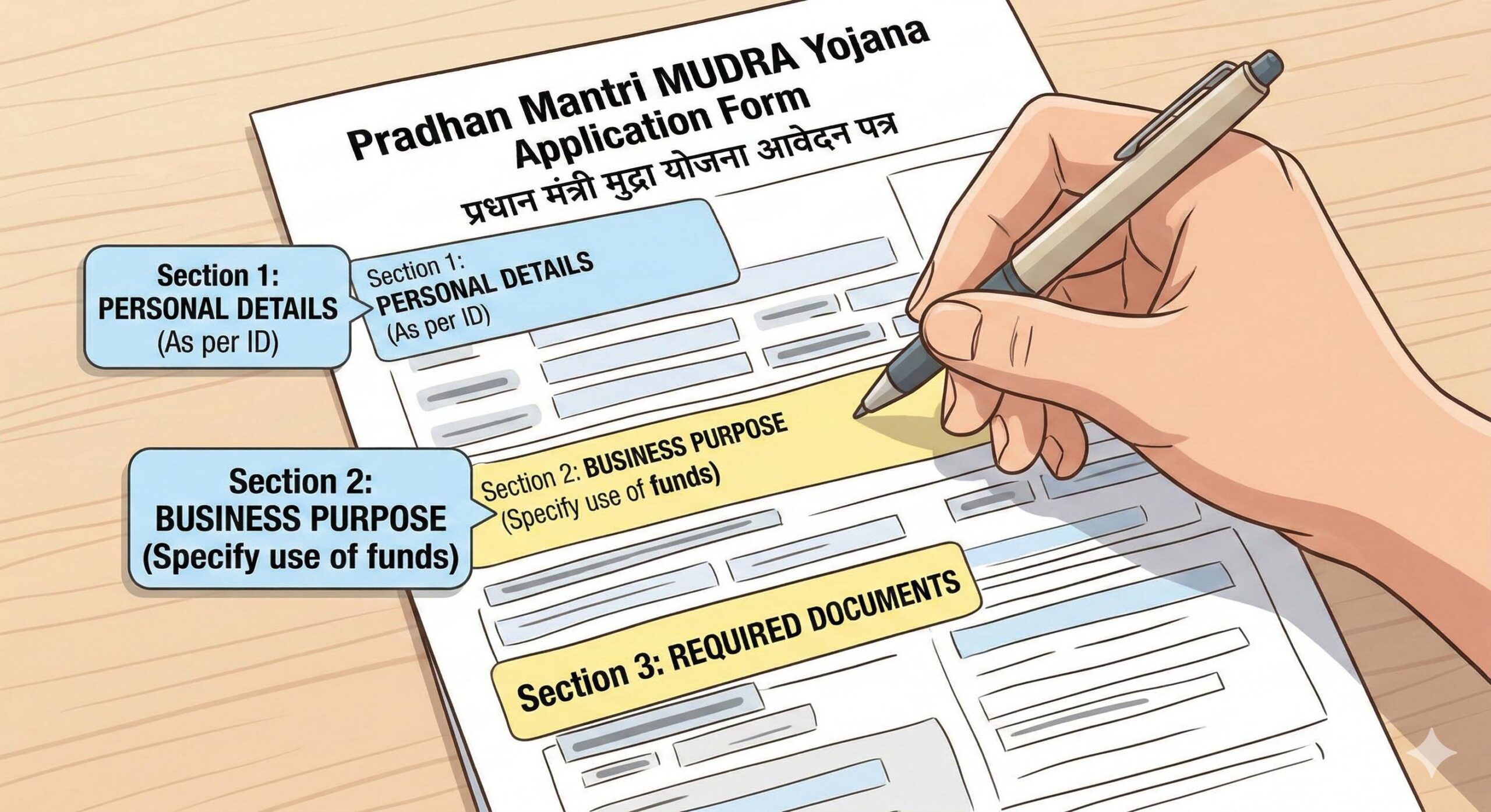 Illustrated guide showing key sections of the PM Mudra Yojana application form highlighted for easy understanding.