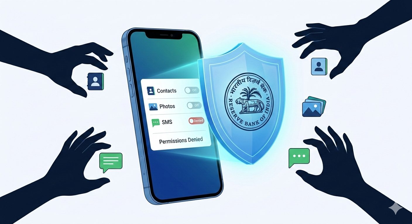 Illustrated shield over a smartphone blocking unauthorized data access requests by a generic loan application.