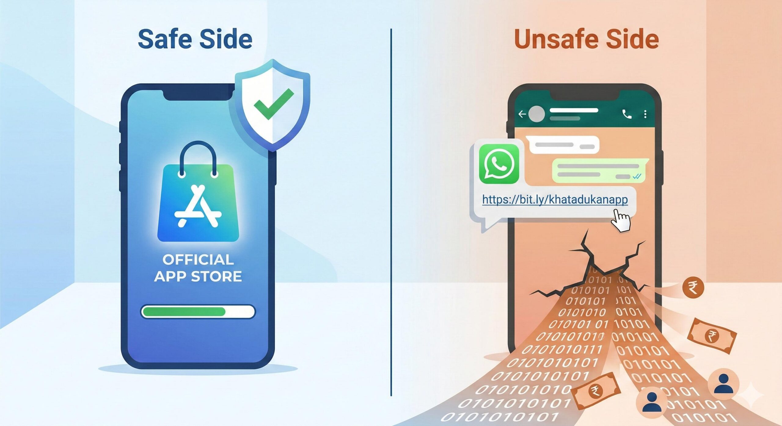 Illustration showing a phone downloading from an official app store safely versus data leaking from a phone clicking a suspicious link.