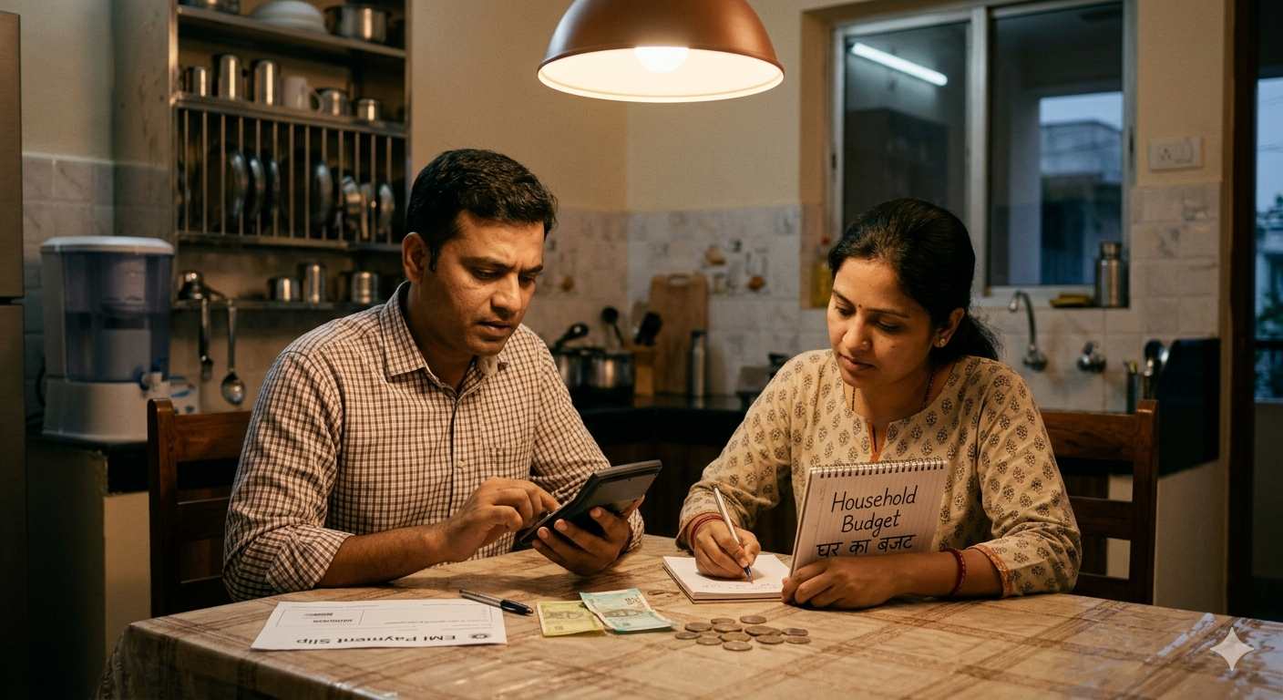 Indian couple sitting at a table budgeting for their EMI repayment.