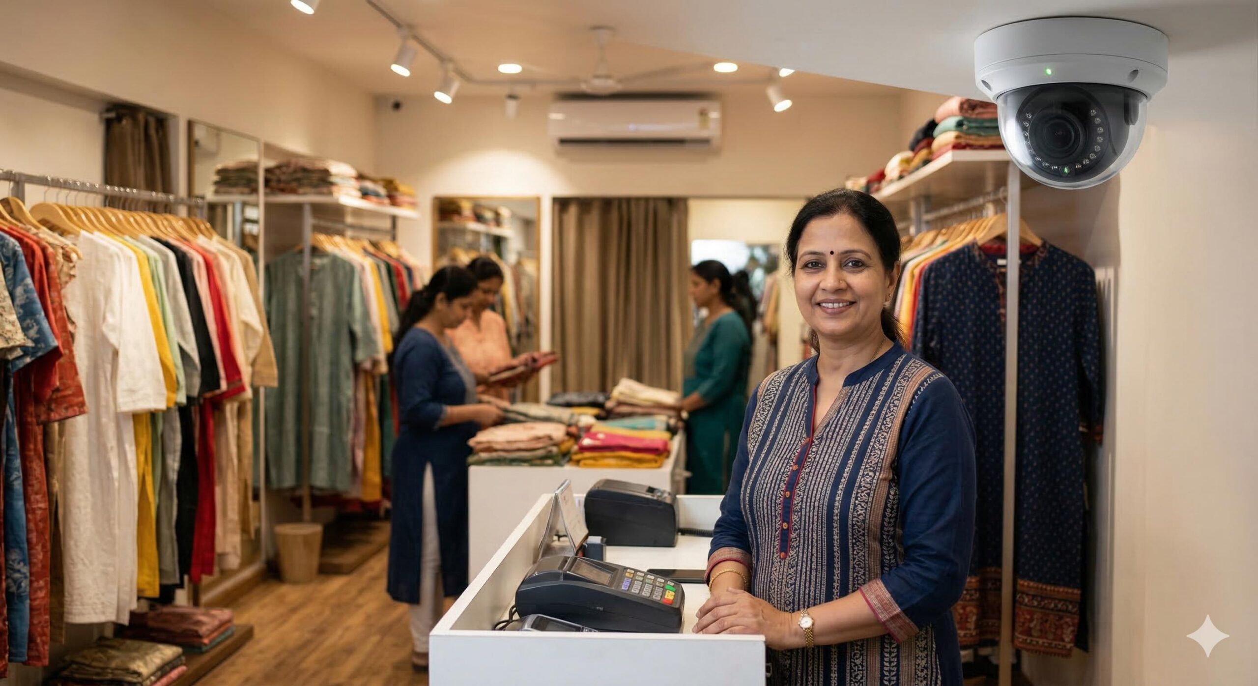 Indian shop owner standing confidently under a visible security camera.