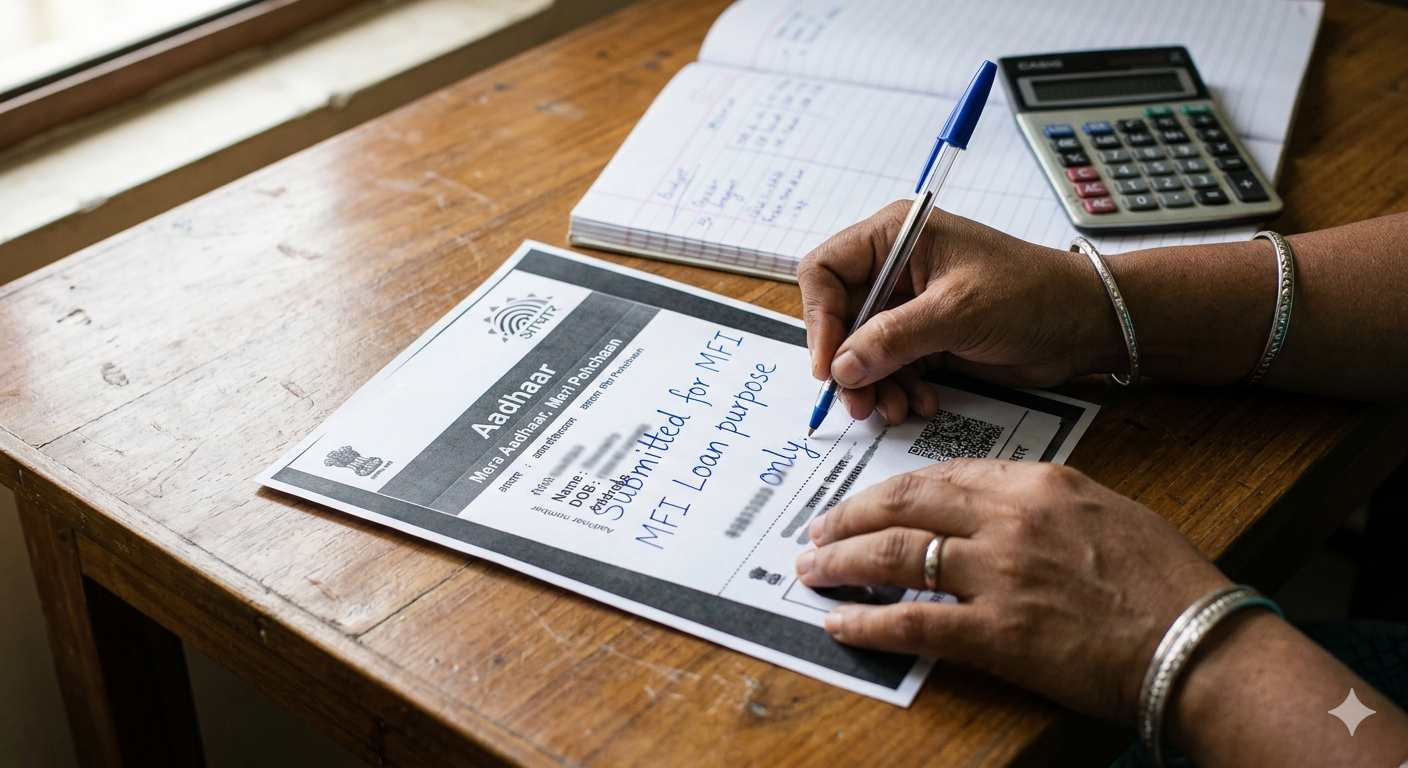 Indian woman's hands marking an Aadhaar photocopy to prevent misuse.