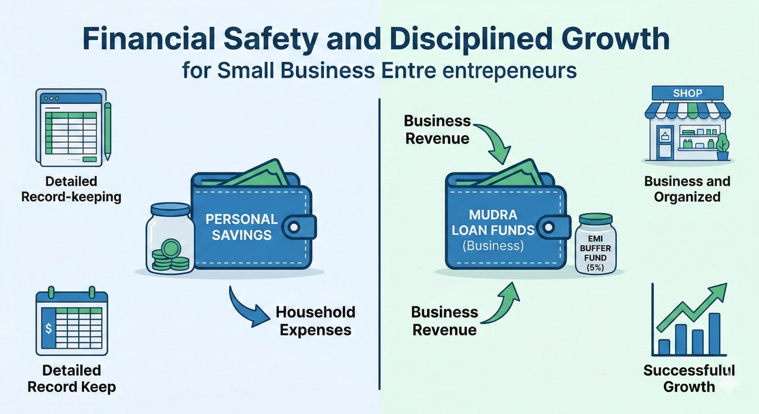 Infographic illustrating smart money habits for small businesses_ separate bank accounts, EMI buffers, and digital tracking.