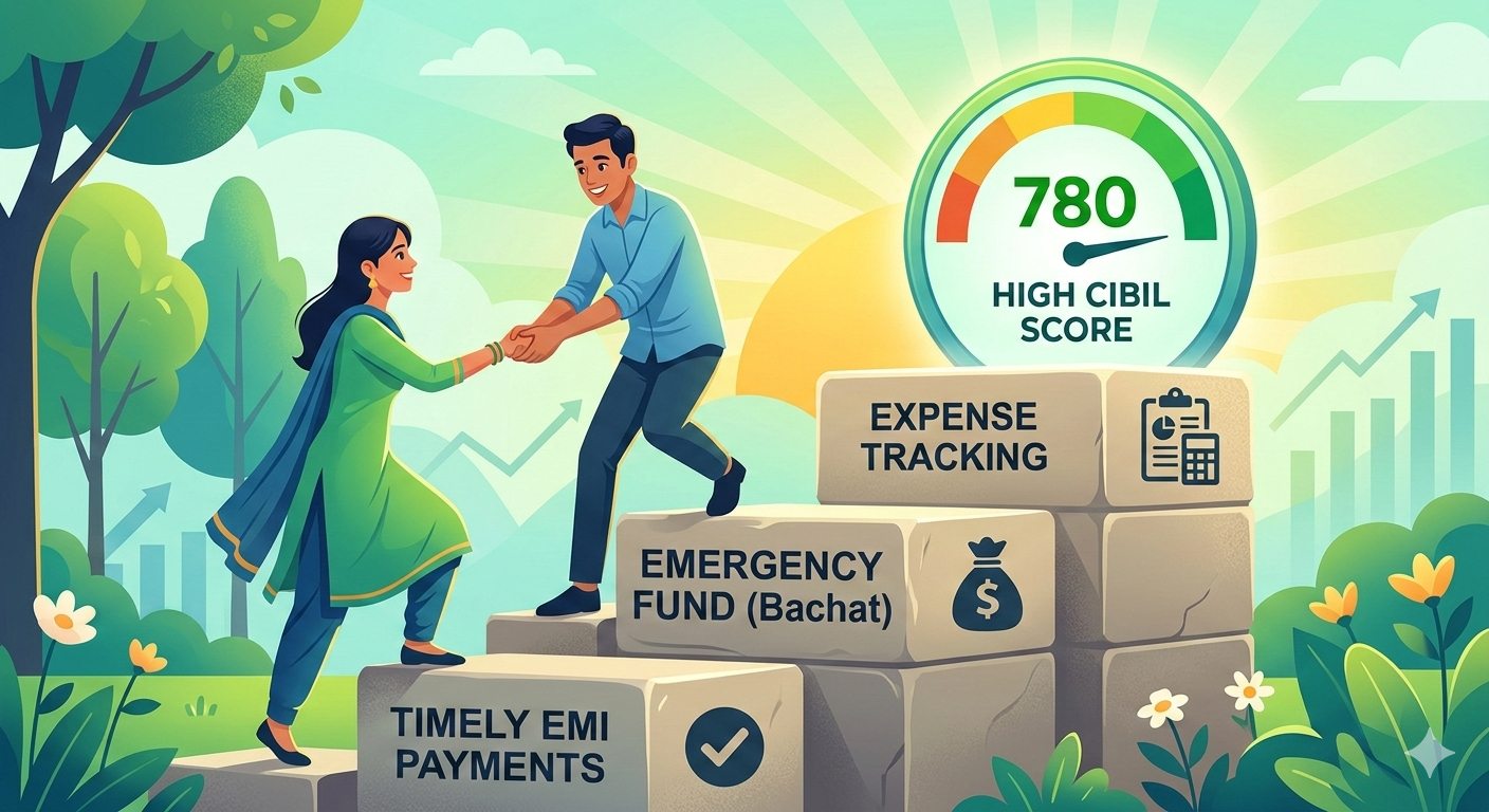 Inspiring illustration of an Indian couple climbing steps labeled with financial habits leading toward a high CIBIL score dial.