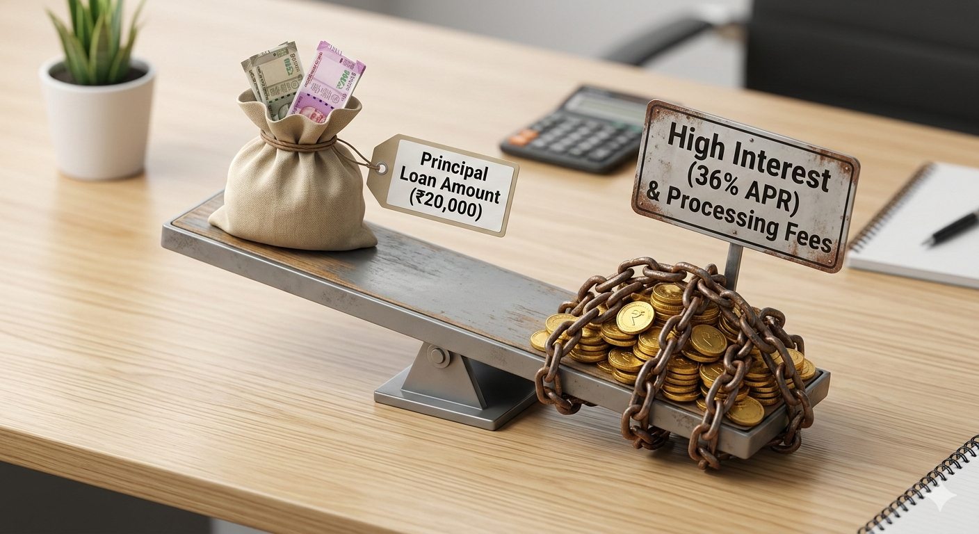 Isometric 3D illustration of a seesaw heavily tipped by high interest and processing fees, outweighing a small borrowed loan amount.