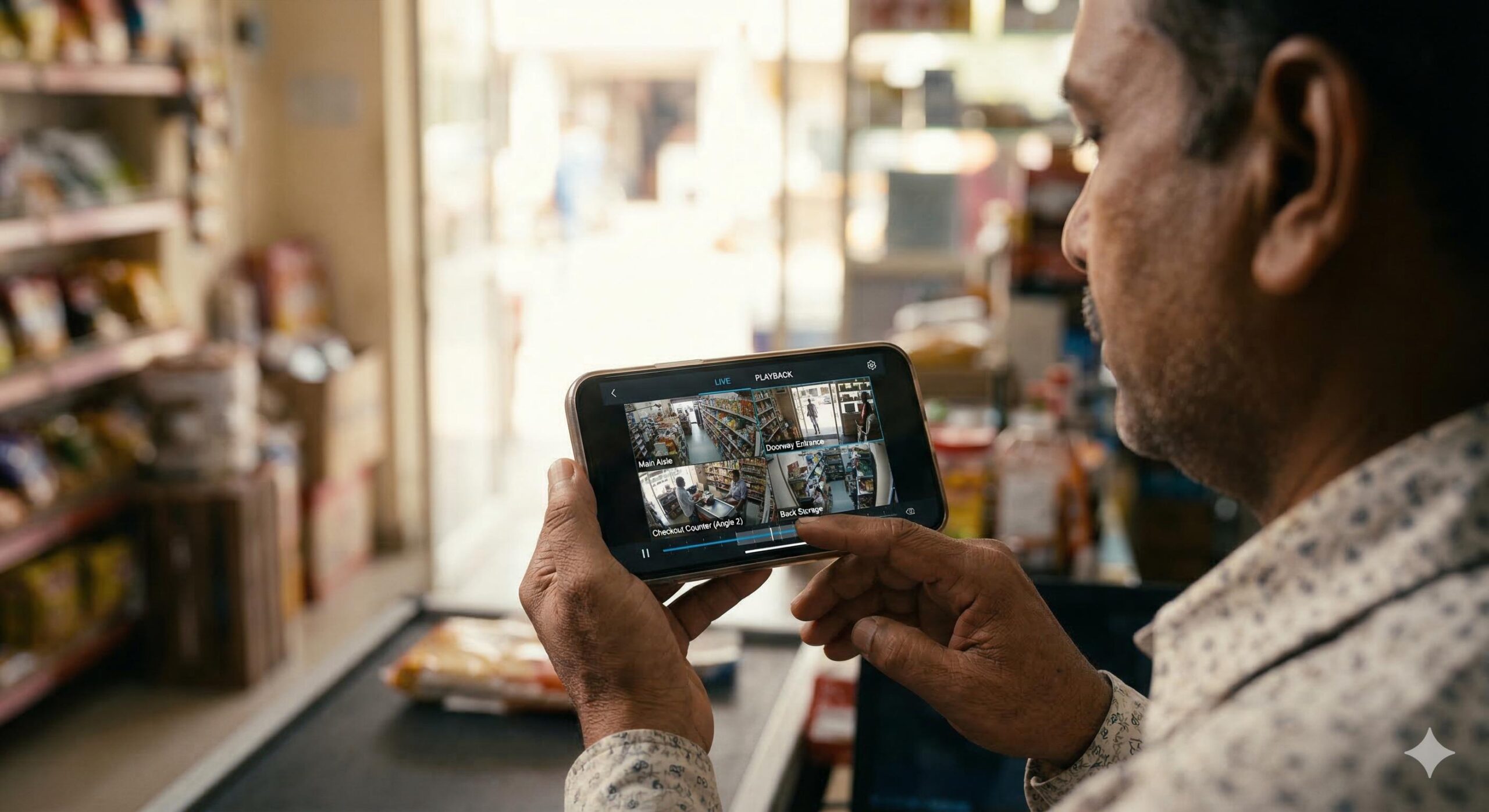 Kirana store owner comfortably checking live security feeds on his smartphone.