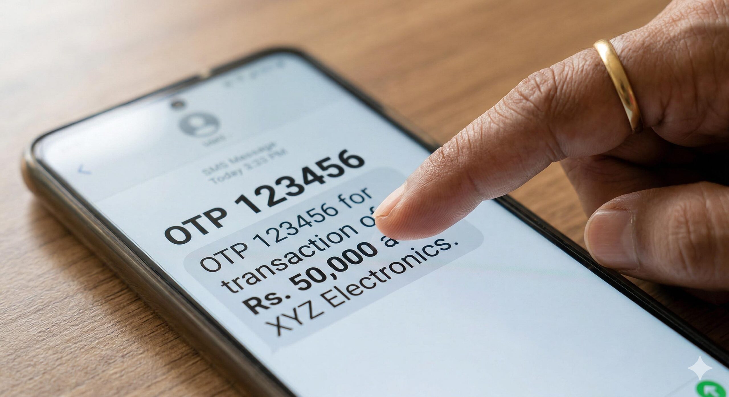 Macro close-up of a finger pointing to the transaction amount details inside an OTP SMS message.