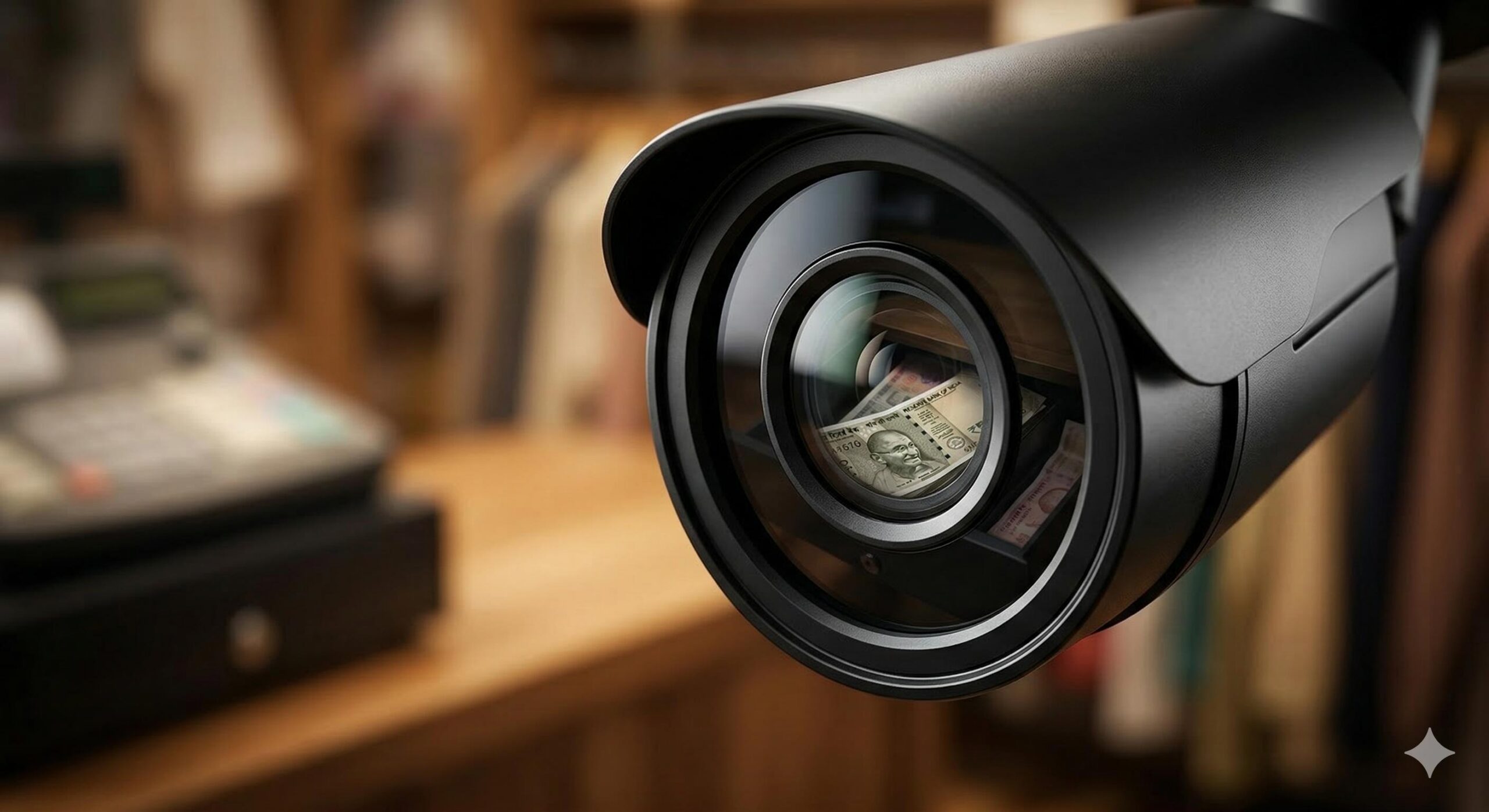 Macro shot of a security camera lens reflecting cash, symbolizing financial safety.