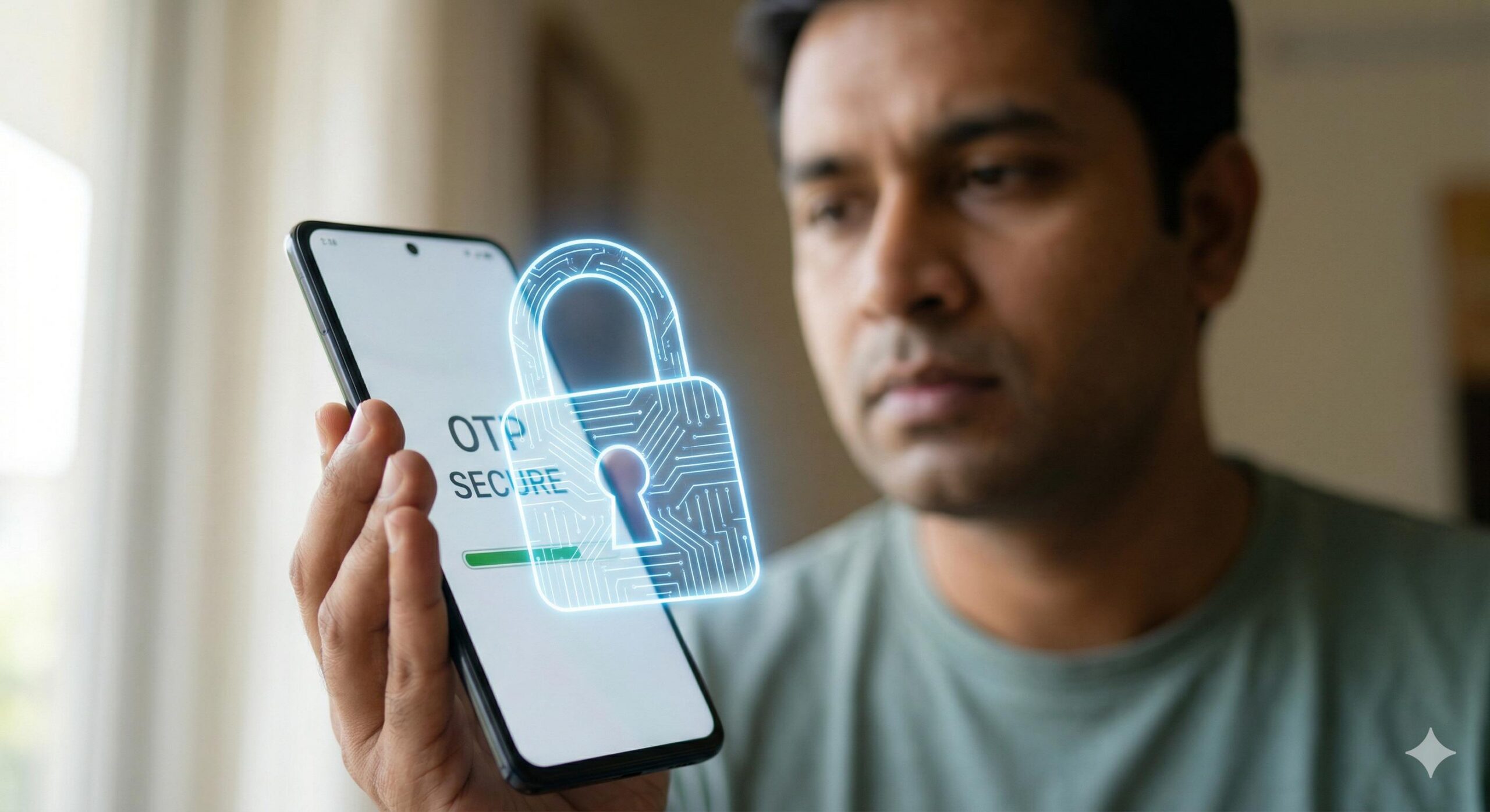Modern digital padlock symbol on a smartphone held by a concerned Indian man.
