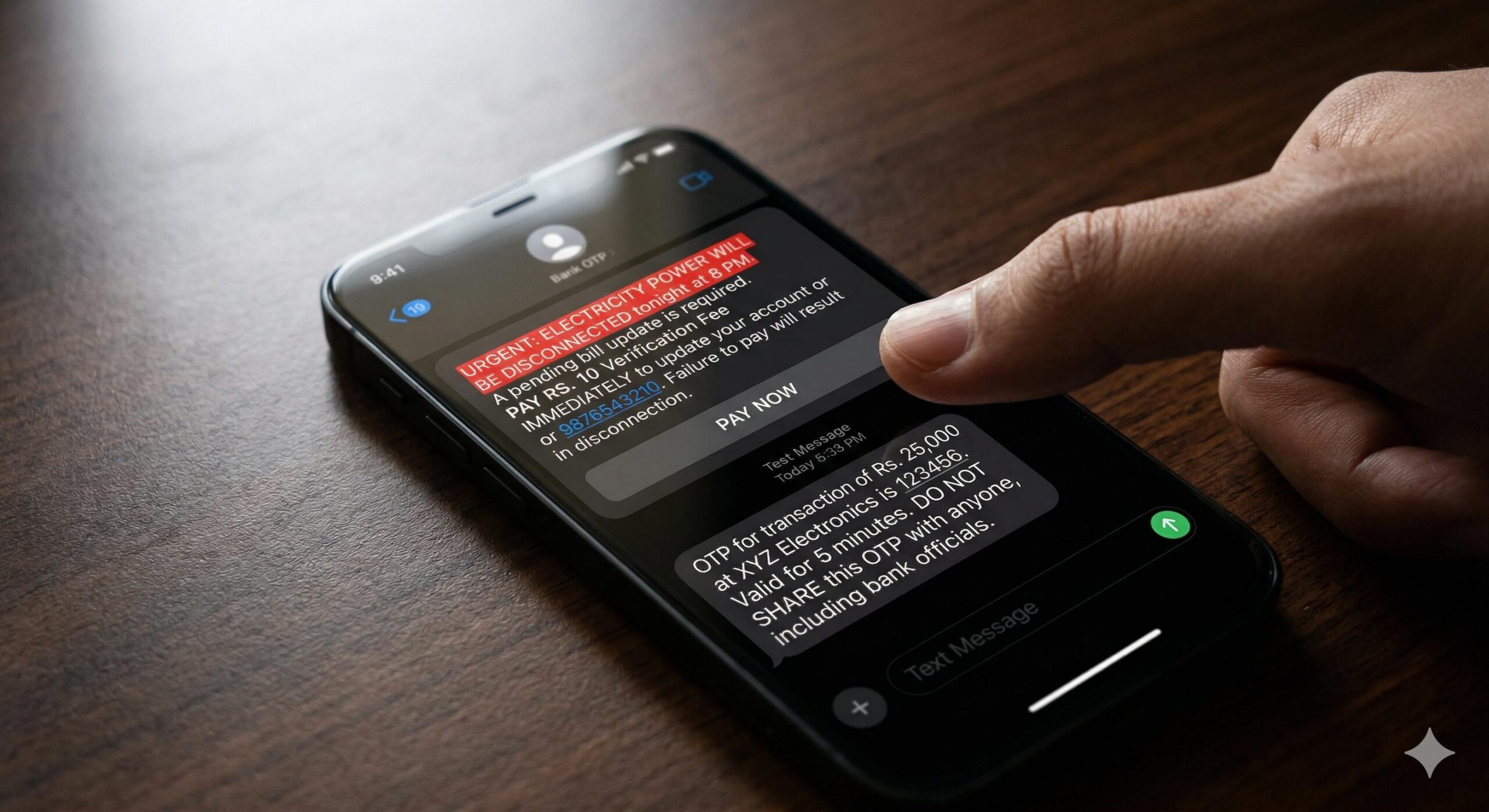 Smartphone screen showing a fake electricity disconnection SMS and a real bank OTP SMS arriving below it.