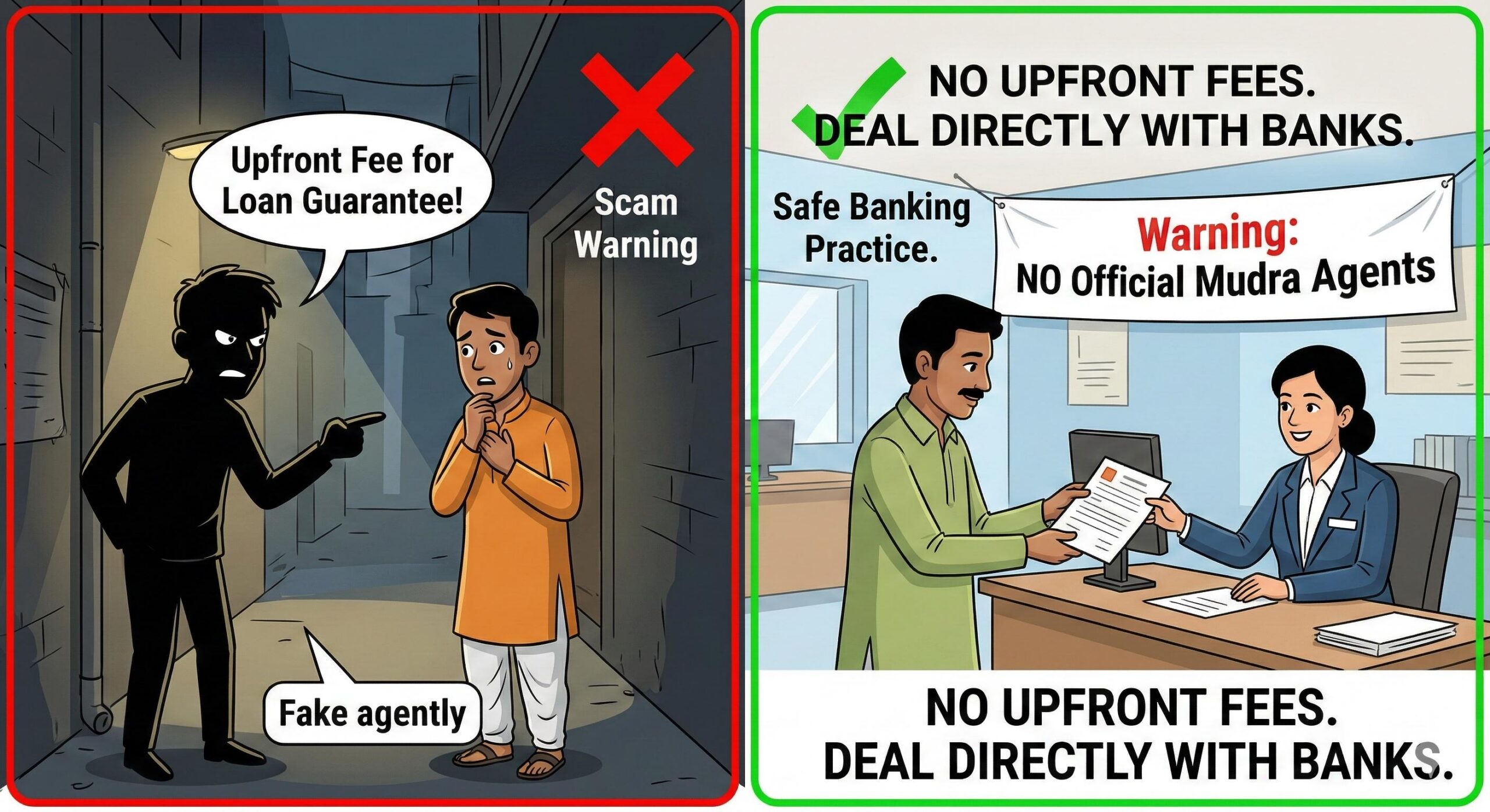 Split visual illustration showing a red side (scam warning) and a green side (safe banking practice) for Mudra applications.