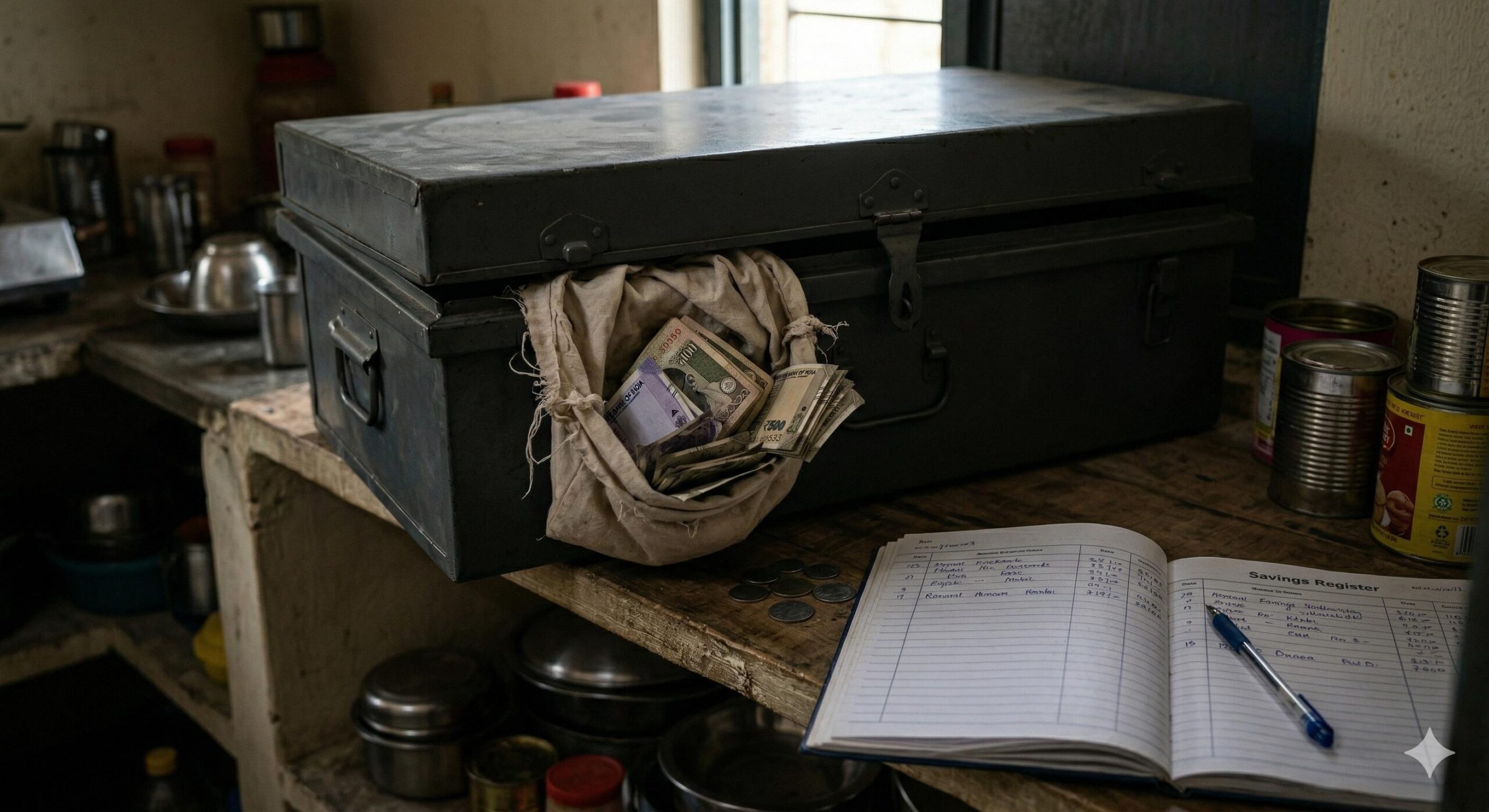 Unsecured group savings cash sitting vulnerably inside a home trunk in India.