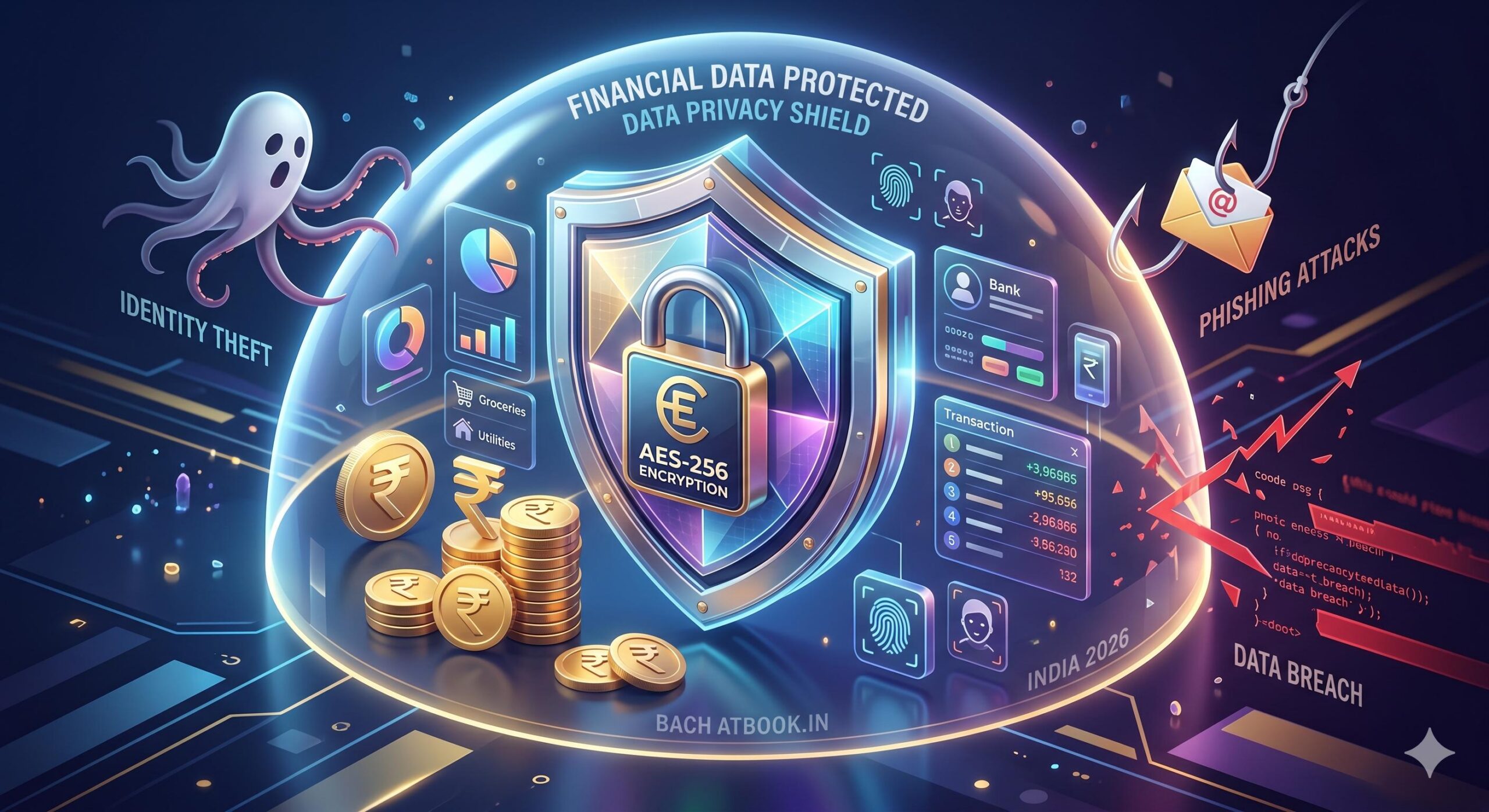 3D digital shield protecting Indian Rupee and financial data.
