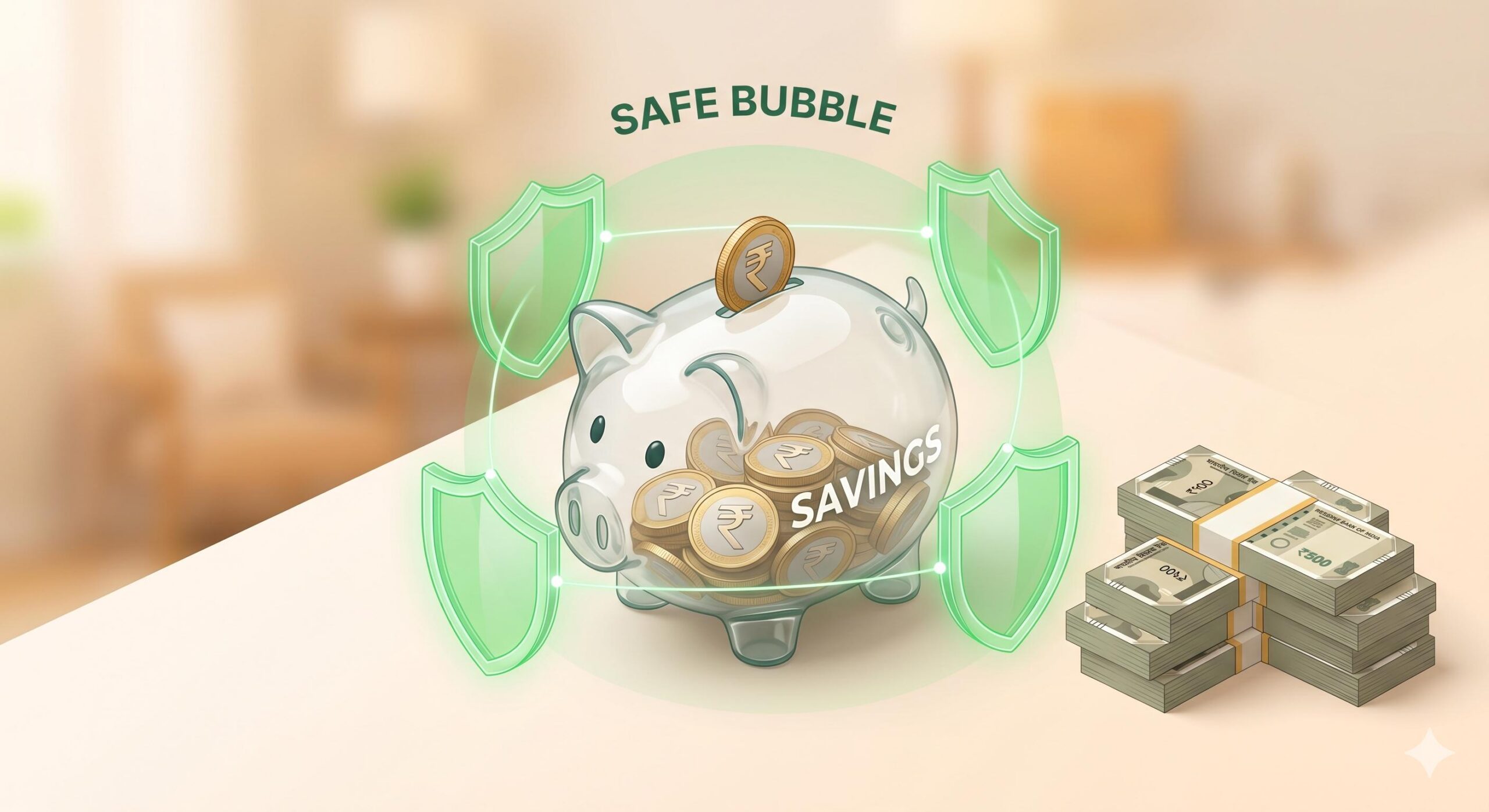 3D graphic of an emergency fund piggy bank protected by green shields, preventing financial loss.