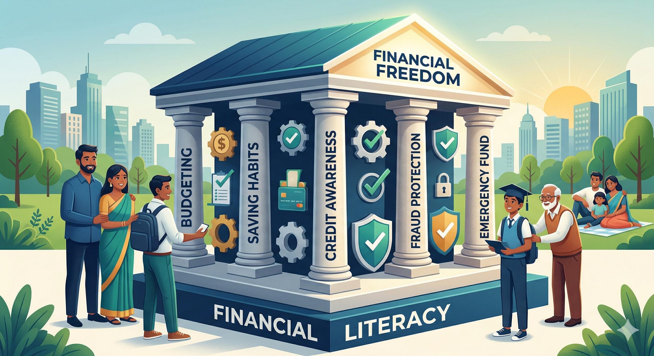 3D illustration of an Indian couple building a secure house made of foundational blocks representing budgeting, saving habits, credit awareness, fraud protection, and overall financial literacy in India.