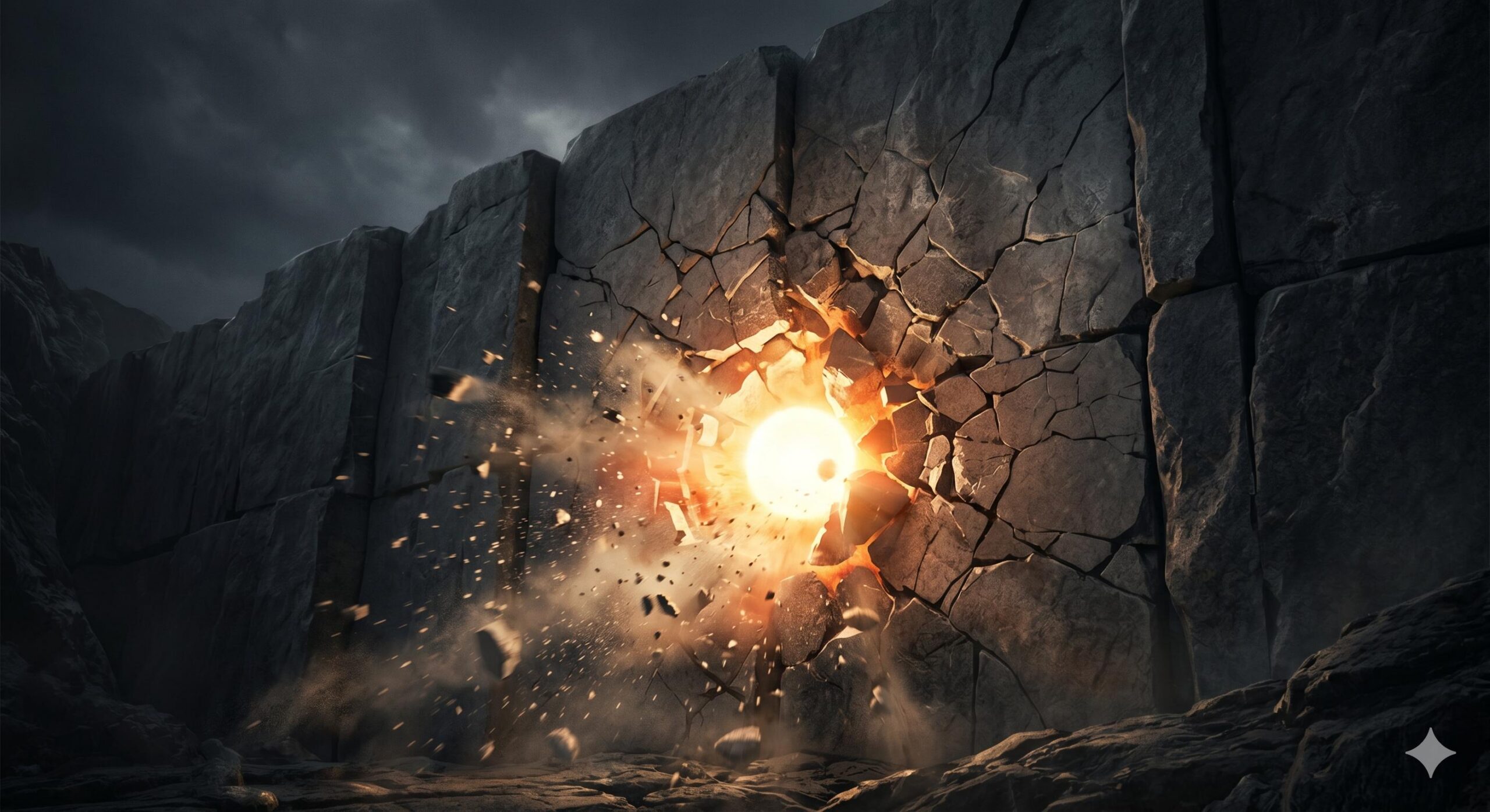 A bold, conceptual illustration showing a small, determined light sphere cracking and bursting through a thick, imposing wall made of dark, blocky stone slabs. (1)