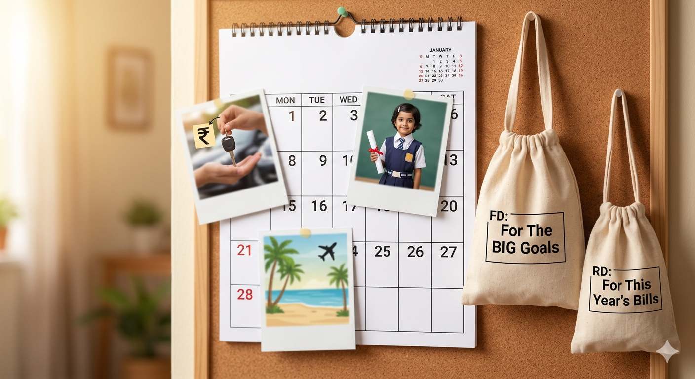 A calendar with aspirational photos visualizing financial goals funded by FD and RD. _