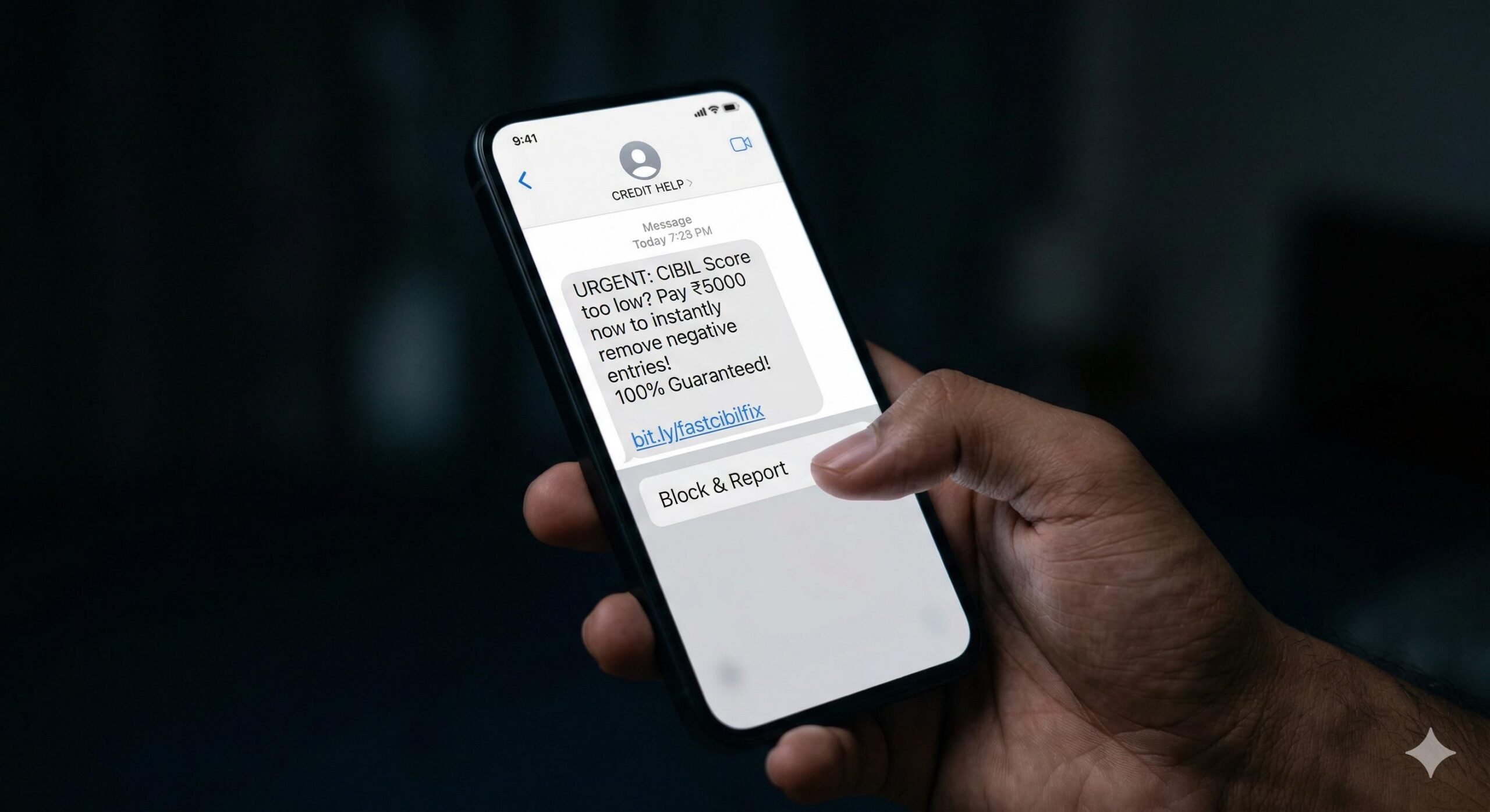 A close-up of a smartphone displaying a fraudulent credit repair SMS message.