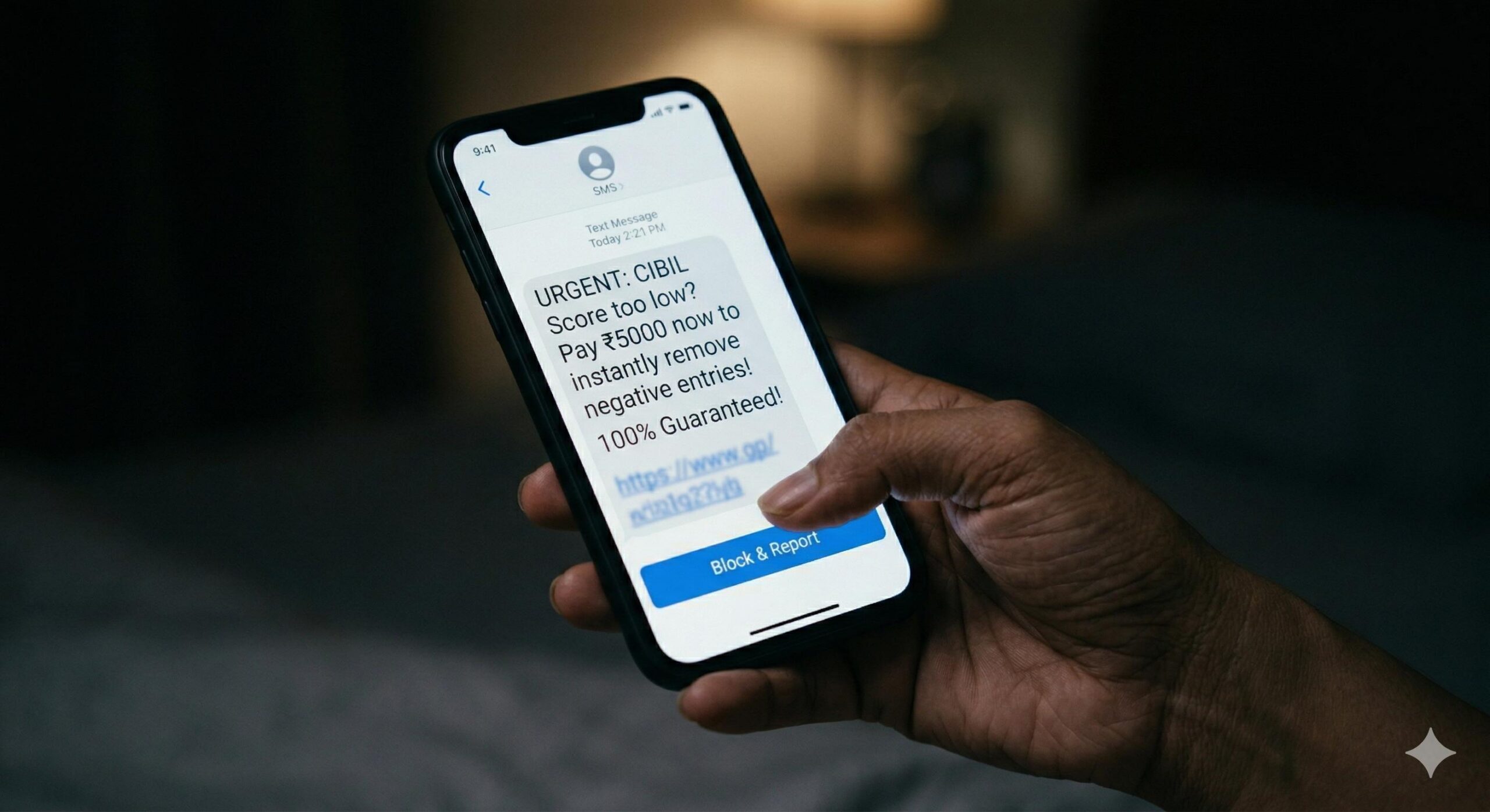 A close-up of a smartphone displaying a fraudulent credit repair SMS message.