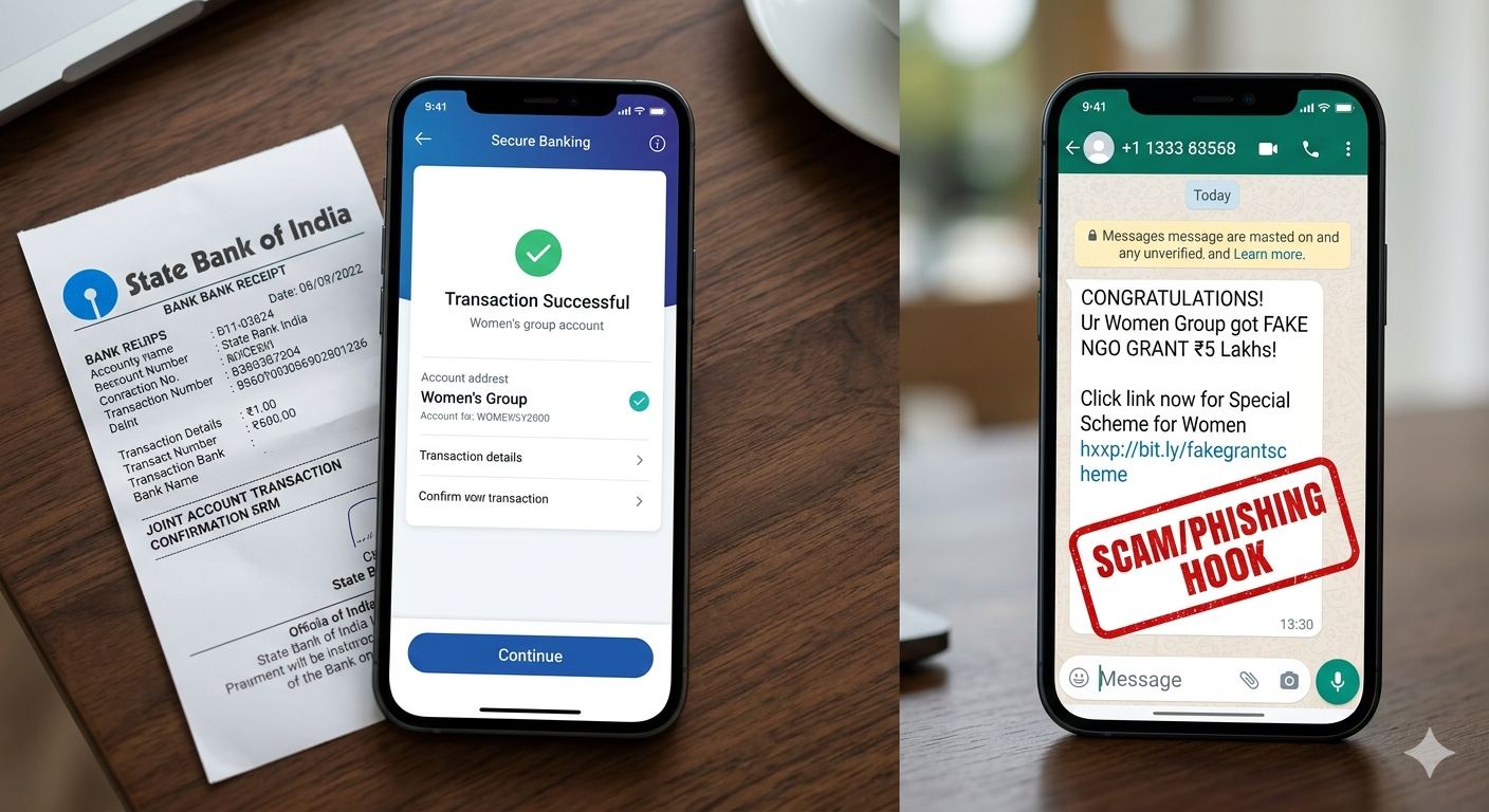 A close-up photograph showing a fraudulent WhatsApp message attempting to scam a women's collective group.