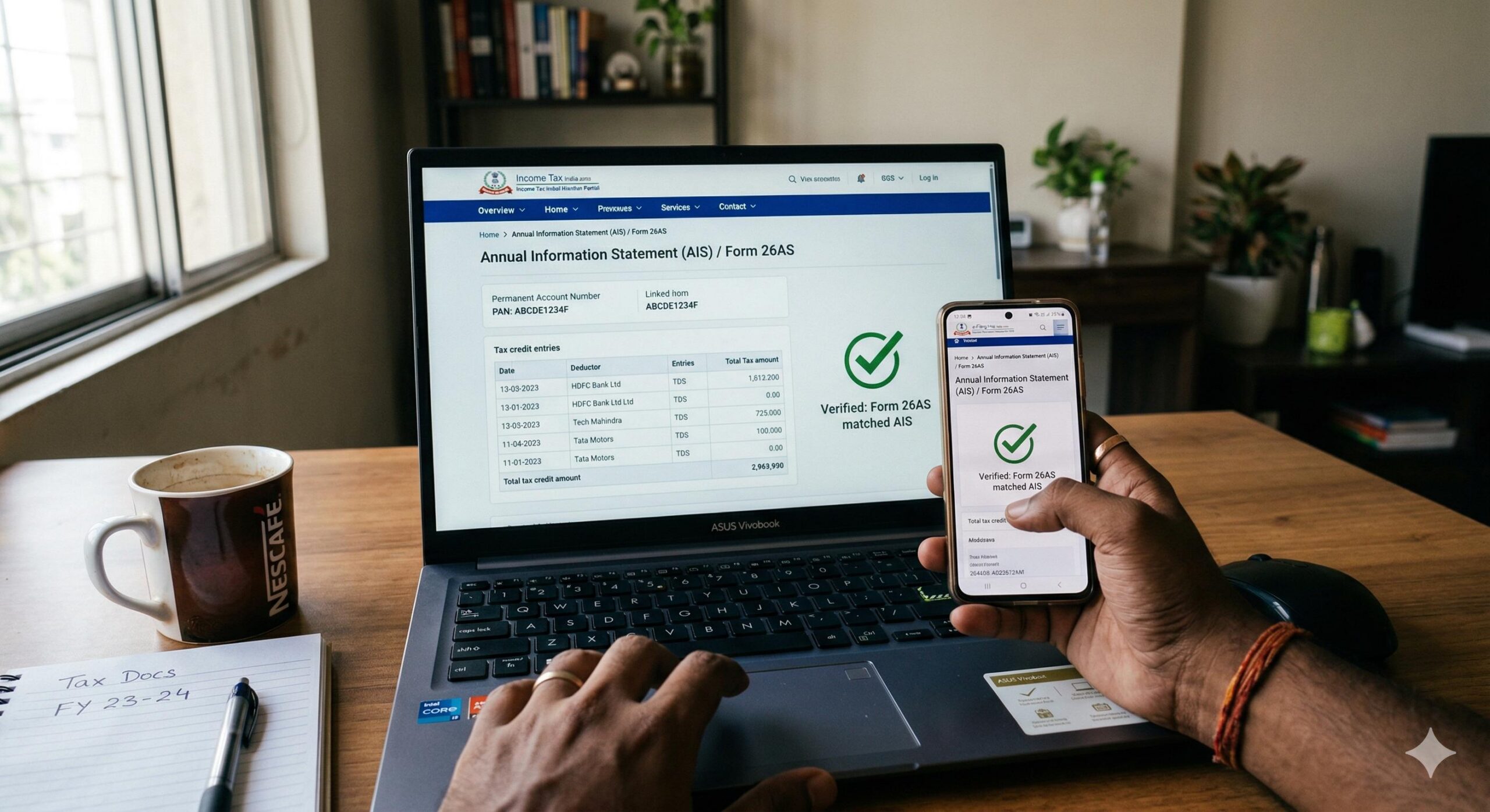 A close-up view of verifying Form 26AS on a laptop and smartphone for accurate TDS records.