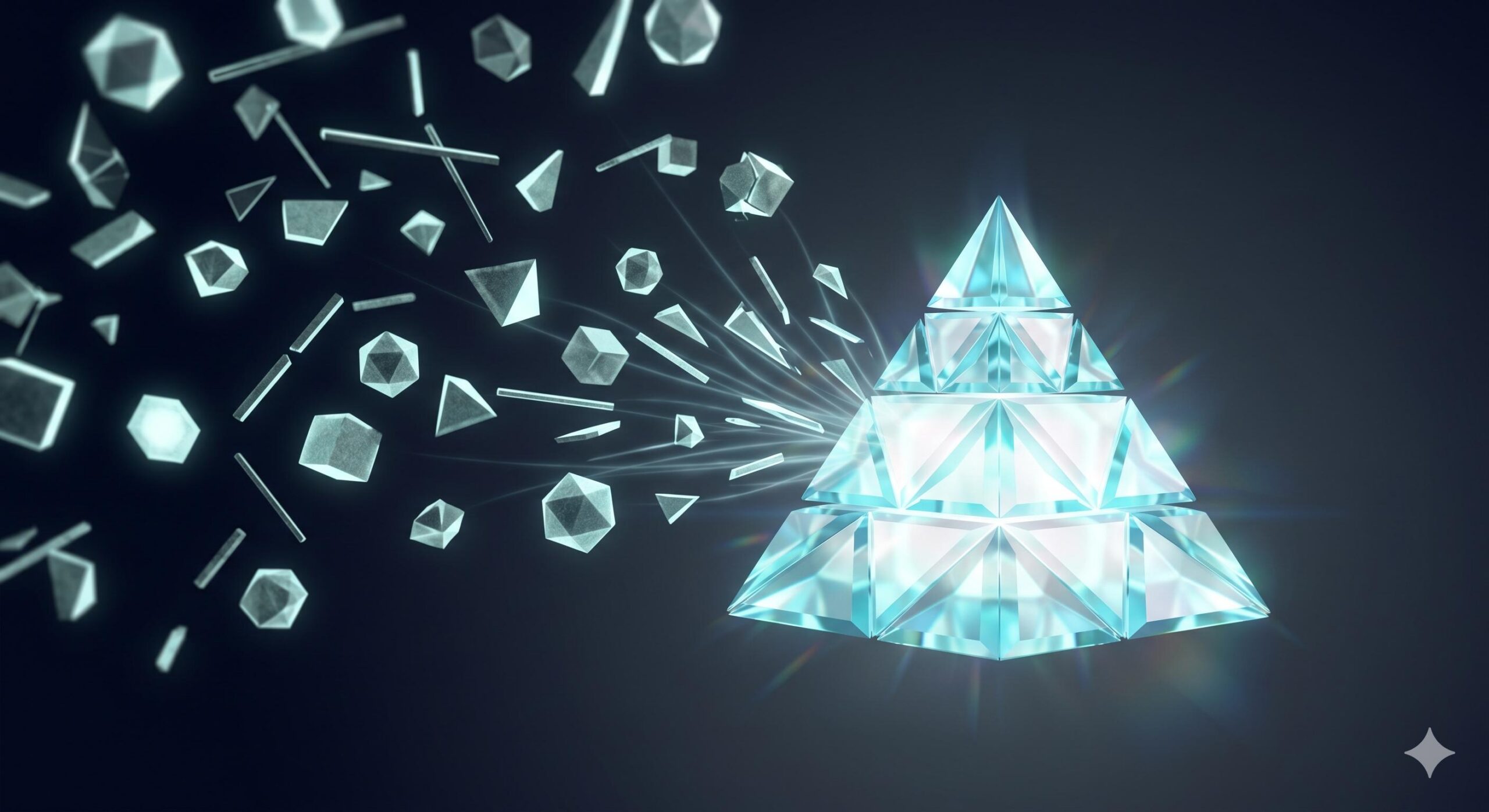 A conceptual illustration showing scattered, glowing geometric shards being pulled and organized into a stable, radiant, crystalline pyramid structure.