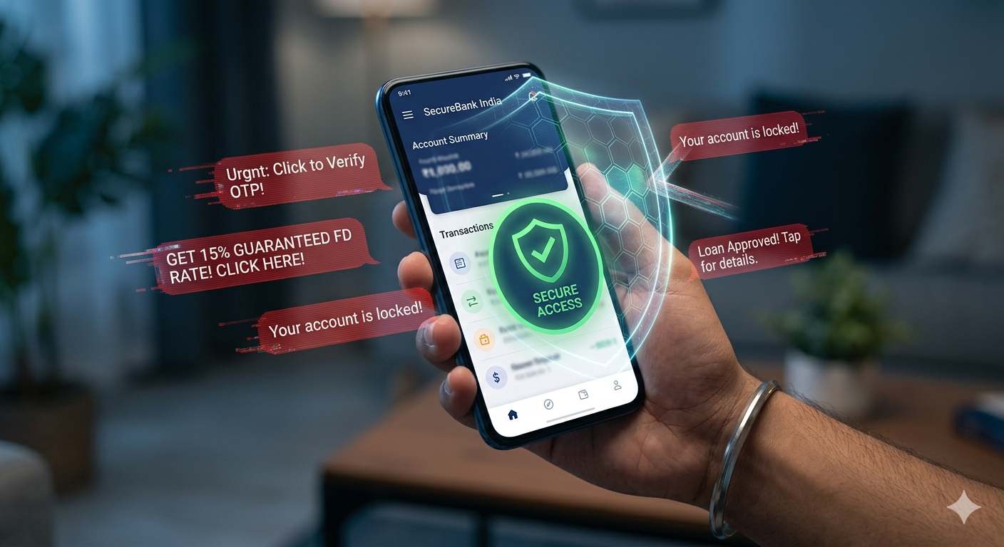 A digital shield protecting an Indian smartphone banking app from scam messages and phishing attempts. _