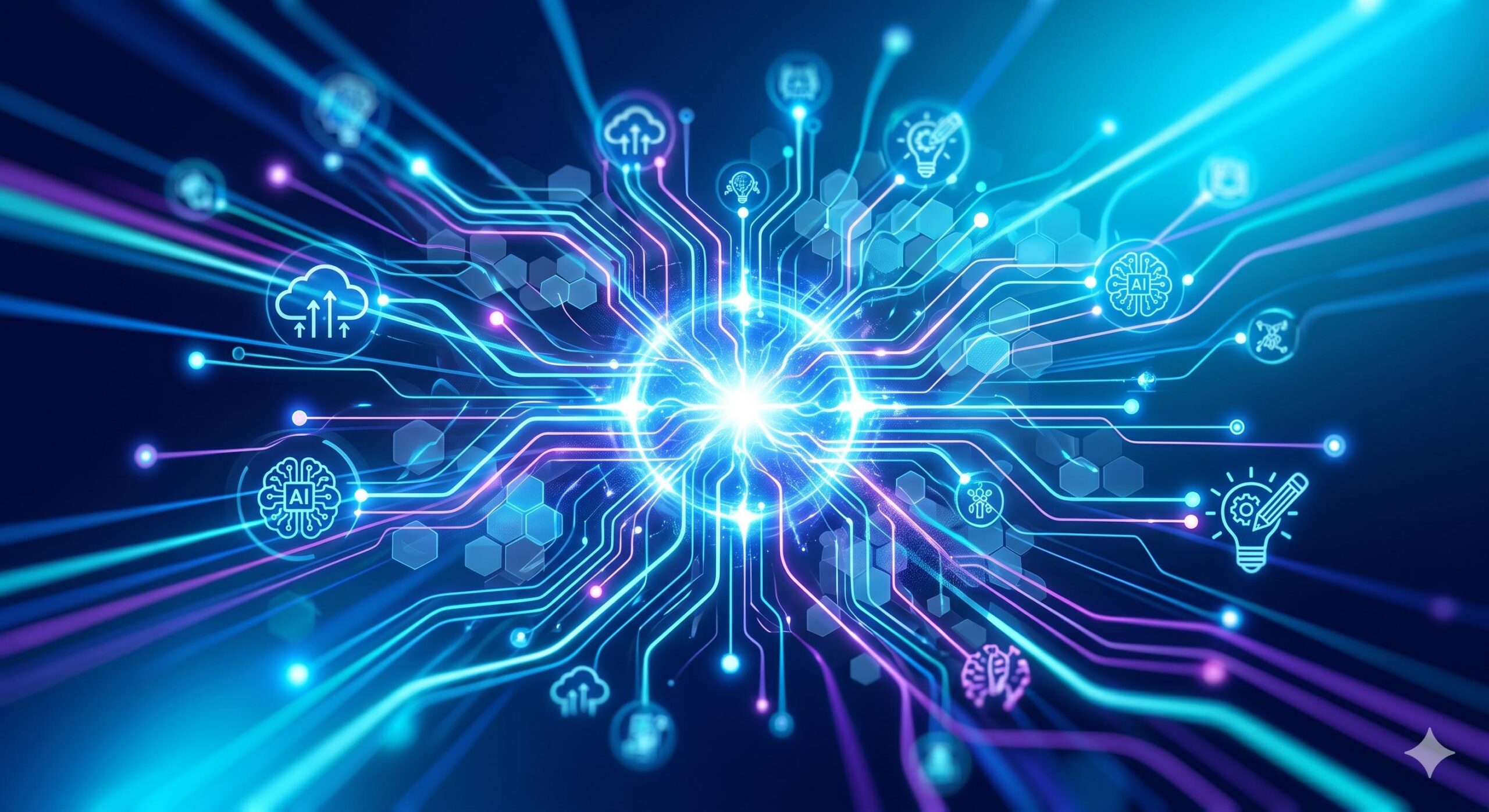 A dynamic illustration of glowing nodes, abstract data pathways, and light trails converging into a central, bright nucleus on a deep blue background.