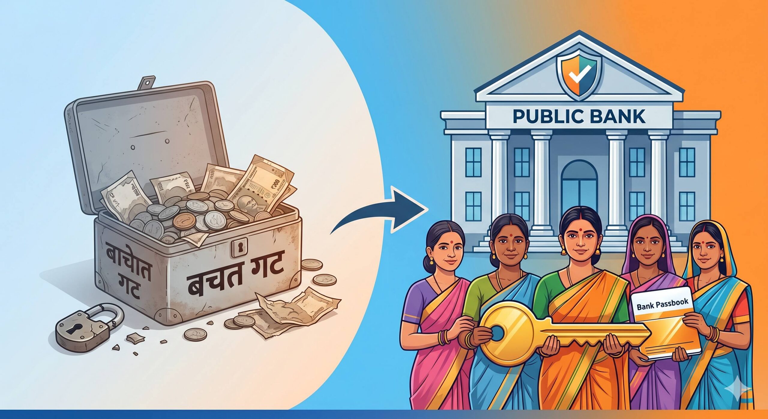 A group of diverse Indian women reviewing their official Self-Help Group bank passbook.