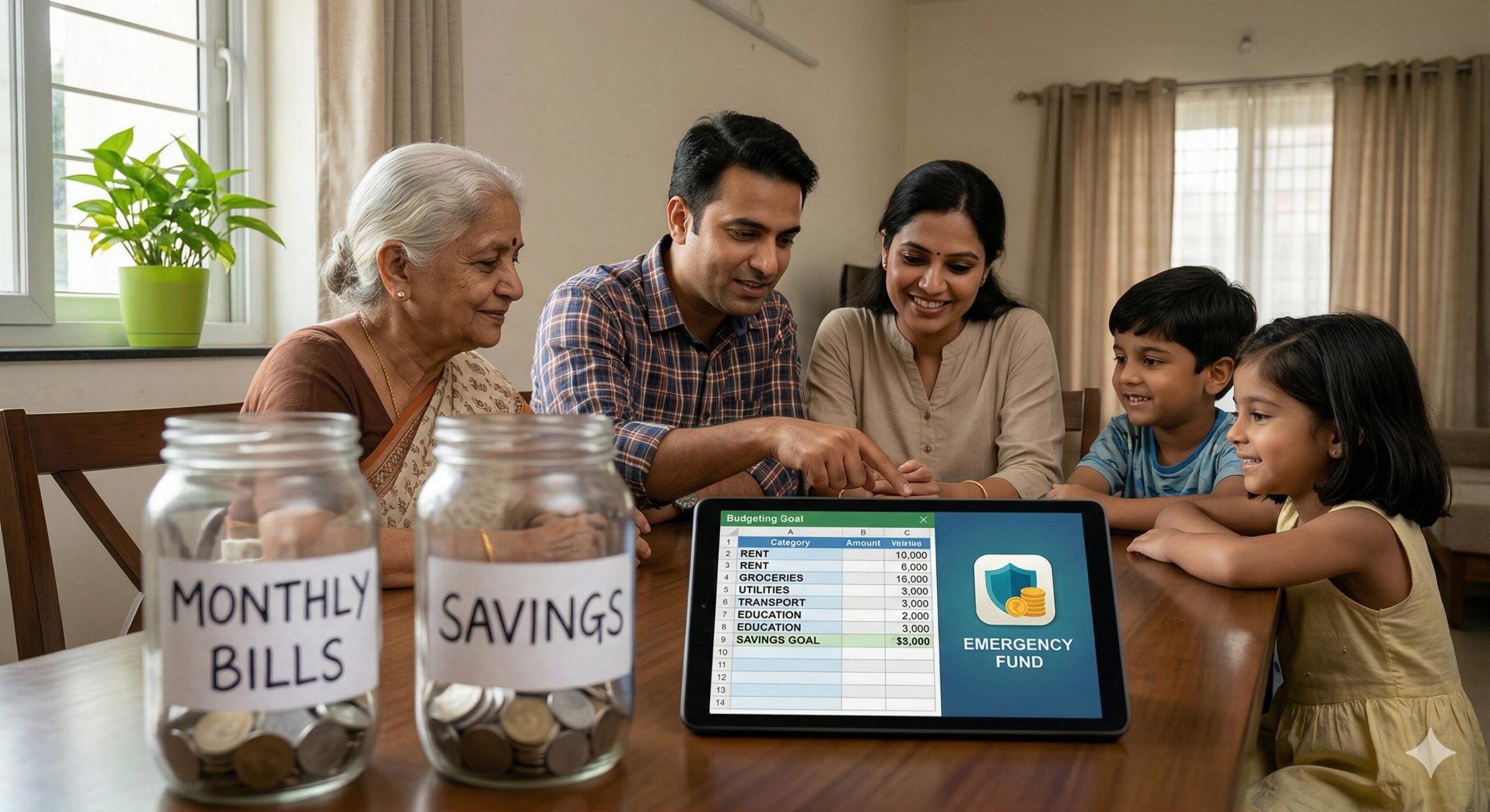 A happy Indian family managing finances together, symbolizing long-term security.