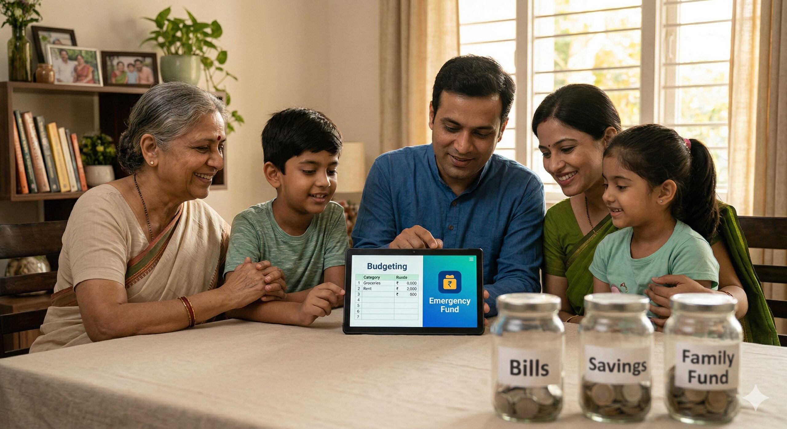 A happy Indian family managing finances together, symbolizing long-term security.