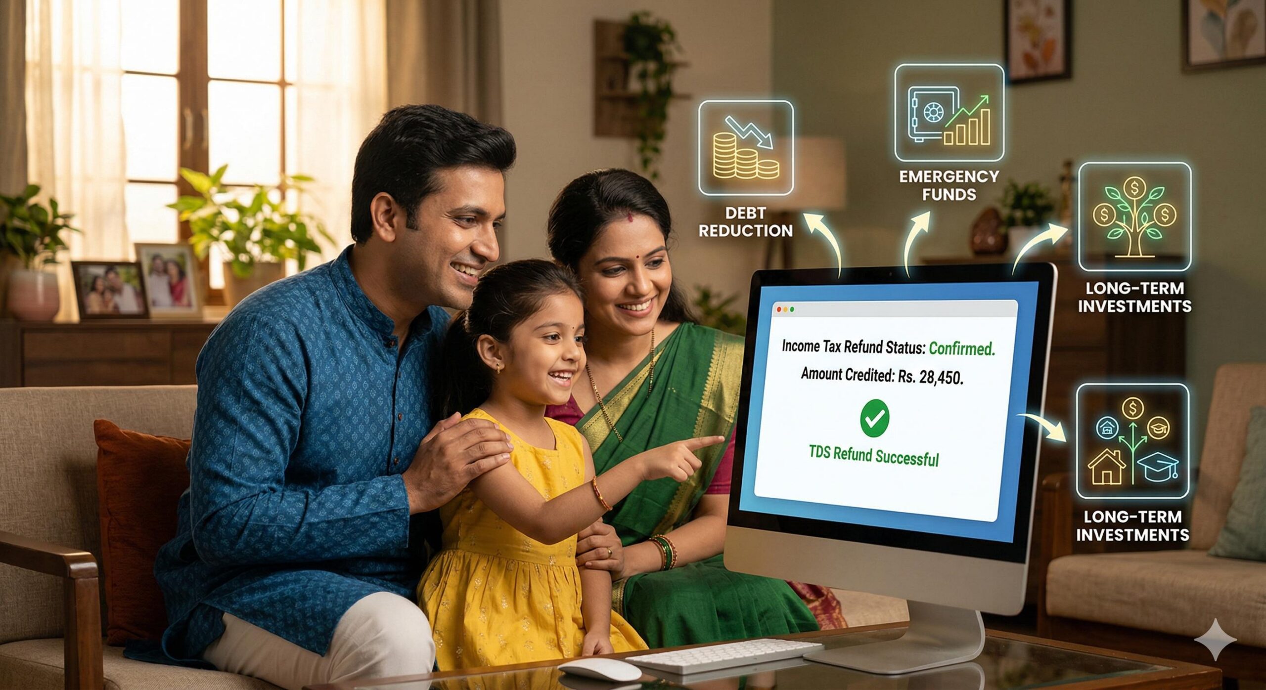 A joyful Indian family observing successful tax refund with diverse financial goal icons.
