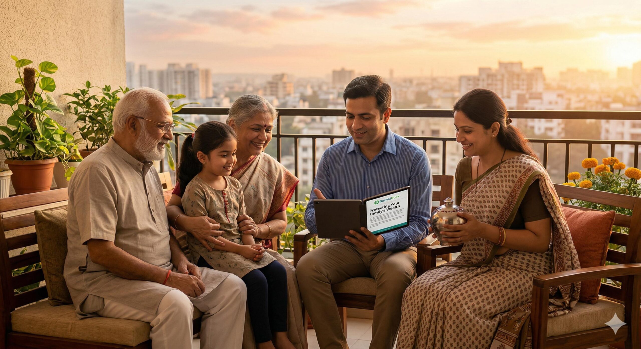 A multi-generation Indian family sitting peacefully together at sunrise, representing financial security and awareness.