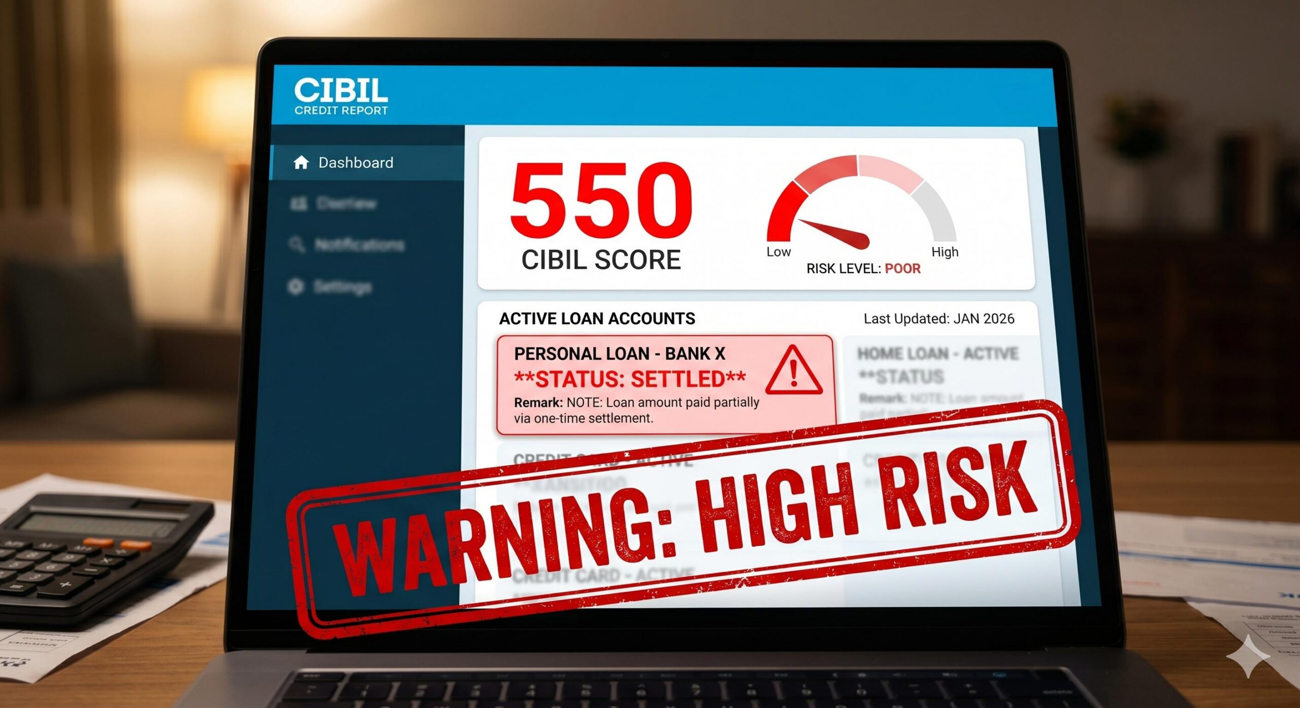 A red stamp graphic saying _WARNING_ HIGH RISK_ is overlaid. Cinematic digital style.Low CIBIL score showing a _Settled_ remark.