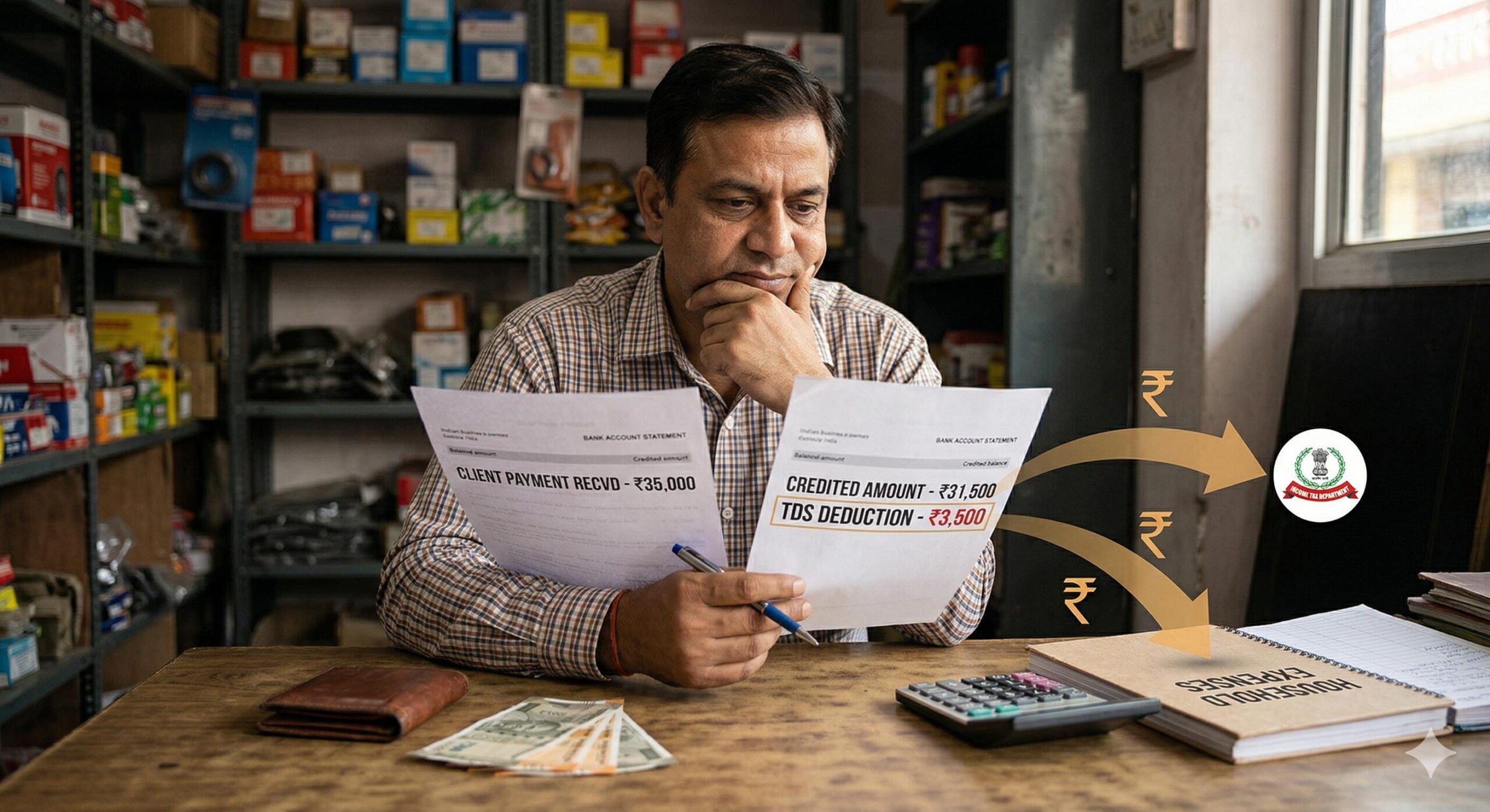A relatable Indian business owner comparing bank statements showing TDS deduction and cash flow impact.