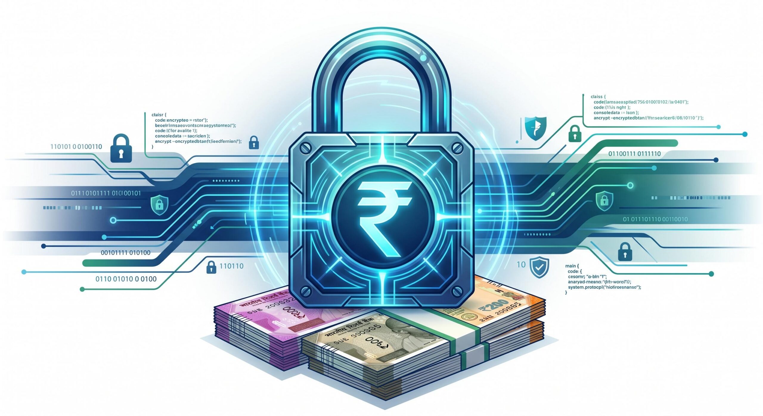 A secure digital padlock protecting Indian Rupee currency, representing financial peace and data security.