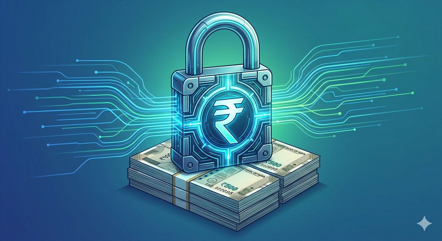 A secure digital padlock protecting Indian Rupee currency, symbolizing financial peace and data protection.