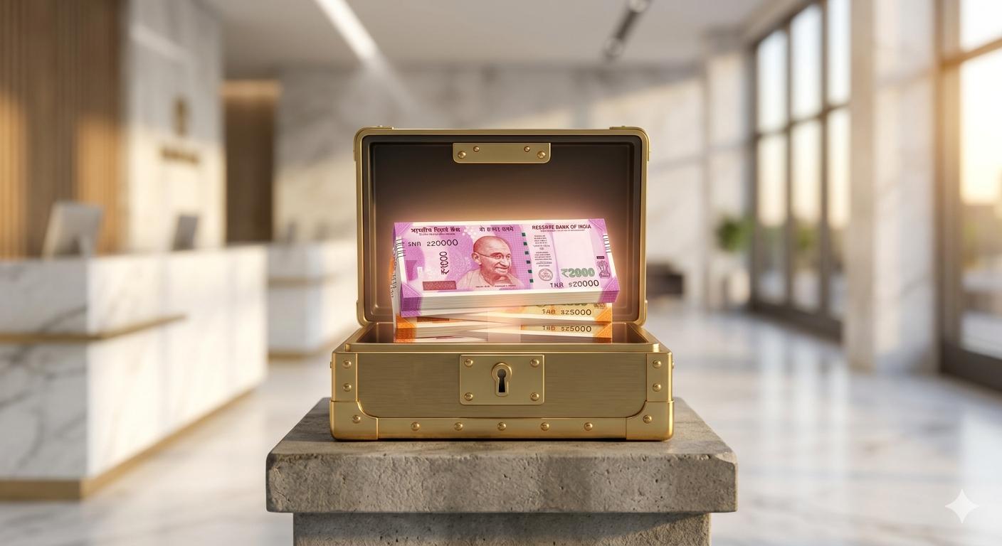 A secure, locked stack of Indian Rupee notes representing a bulk Fixed Deposit. _